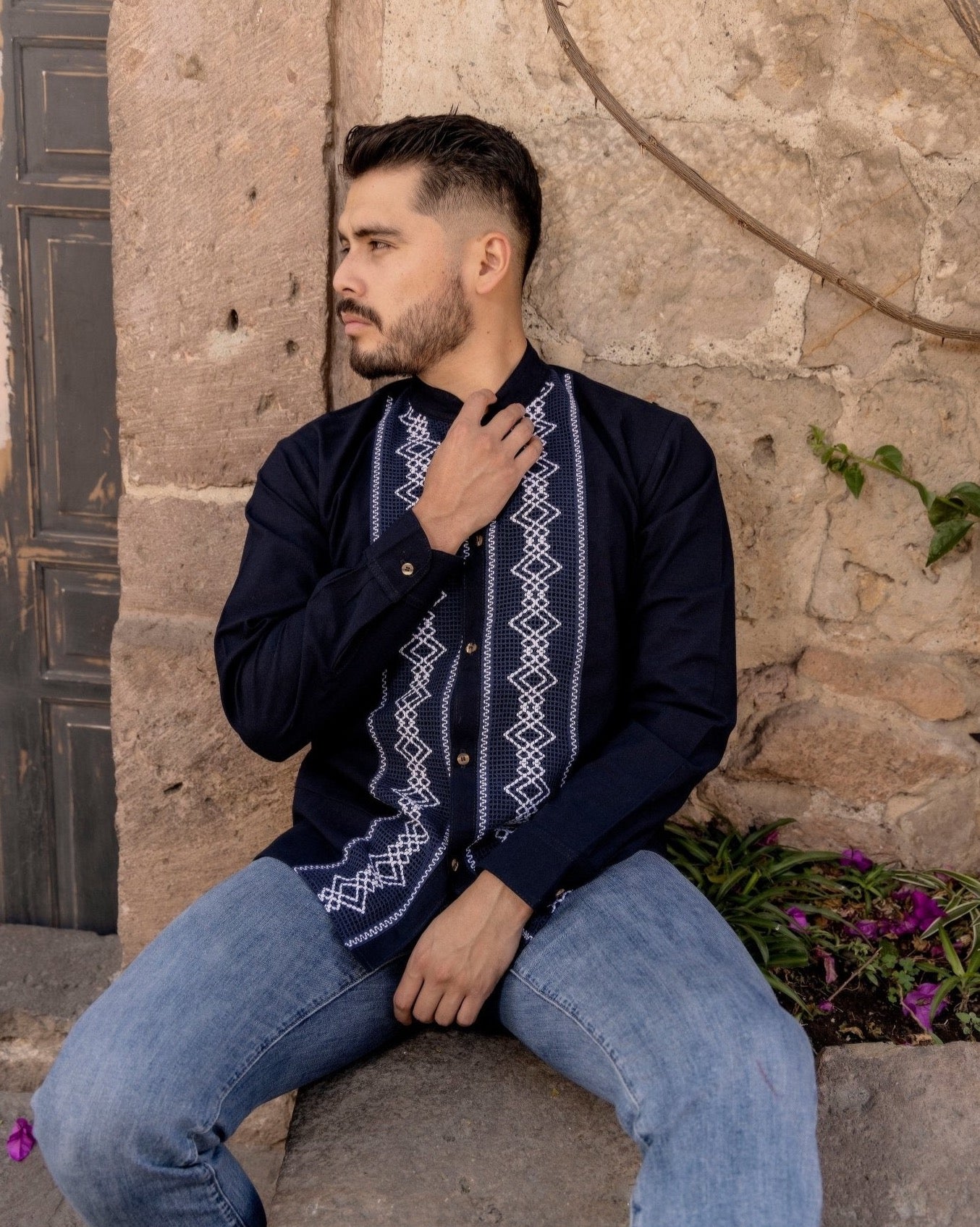 Men's Mexican Ethnic Embroidered Guayabera. Guayabera Cristobal - Solei Store