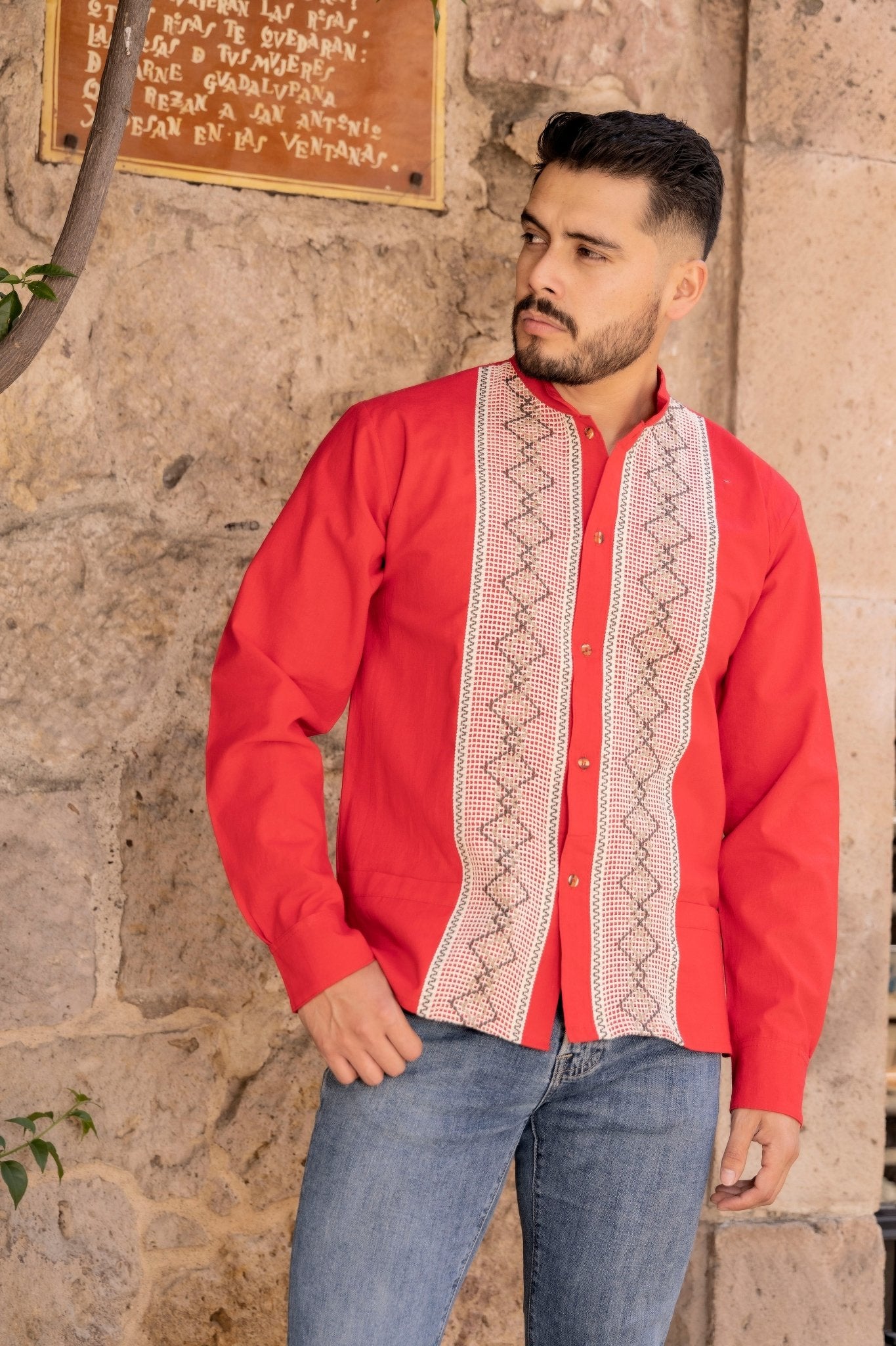 Men's Mexican Ethnic Embroidered Guayabera. Guayabera Cristobal - Solei Store