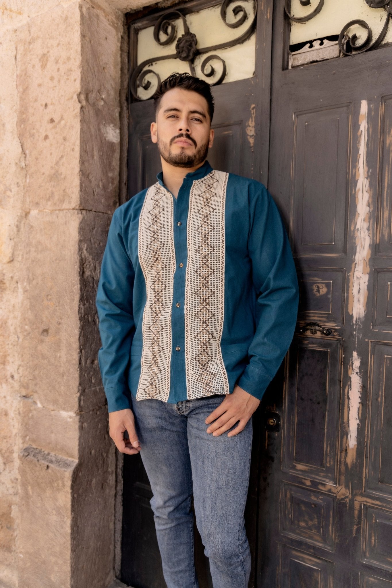 Men's Mexican Ethnic Embroidered Guayabera. Guayabera Cristobal - Solei Store