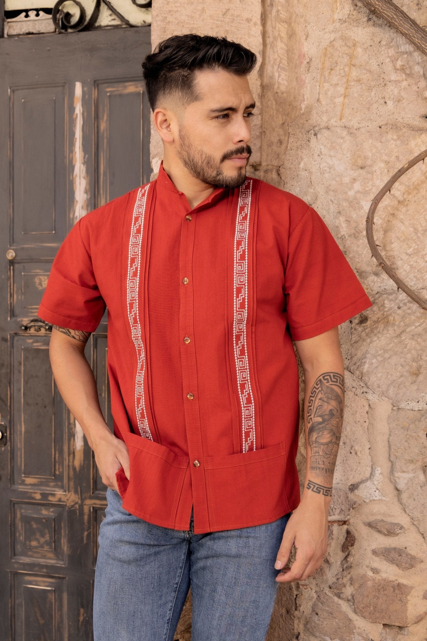 Men's Mexican Traditional Embroidered Guayabera. Guayabera Greca - Solei Store