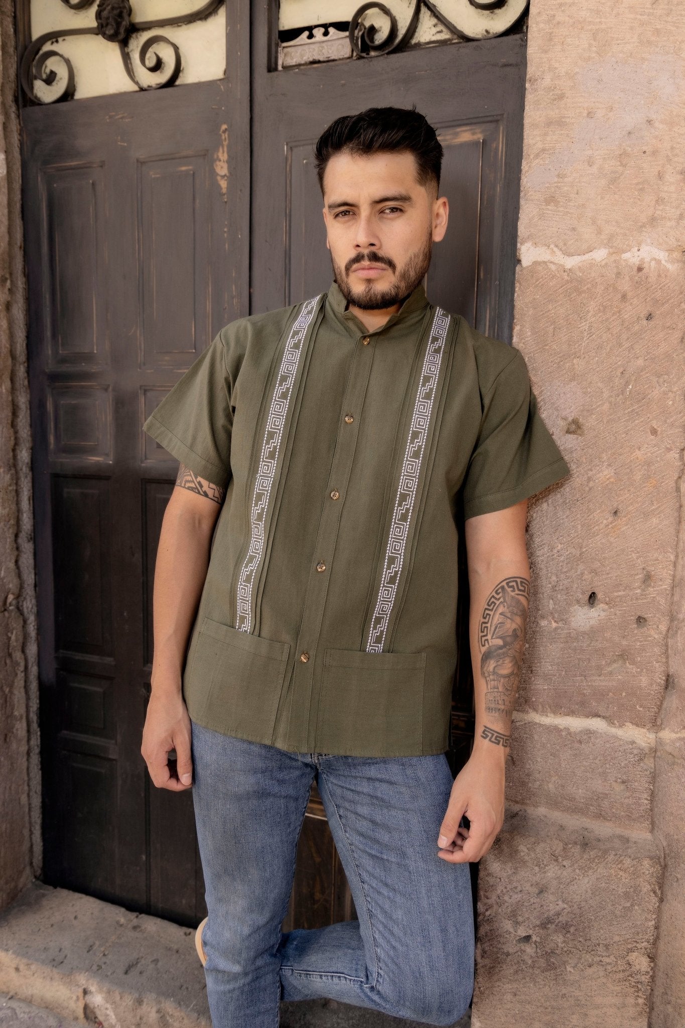 Men's Mexican Traditional Embroidered Guayabera. Guayabera Greca - Solei Store