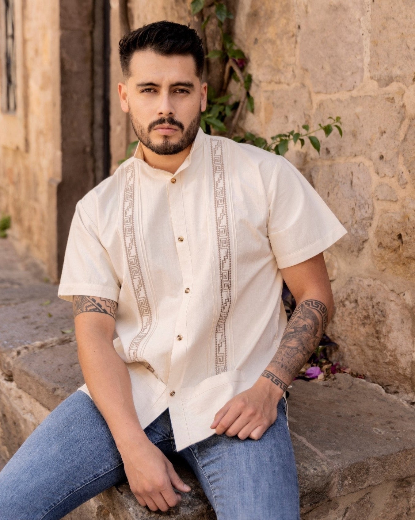 Men's Mexican Traditional Embroidered Guayabera. Guayabera Greca - Solei Store