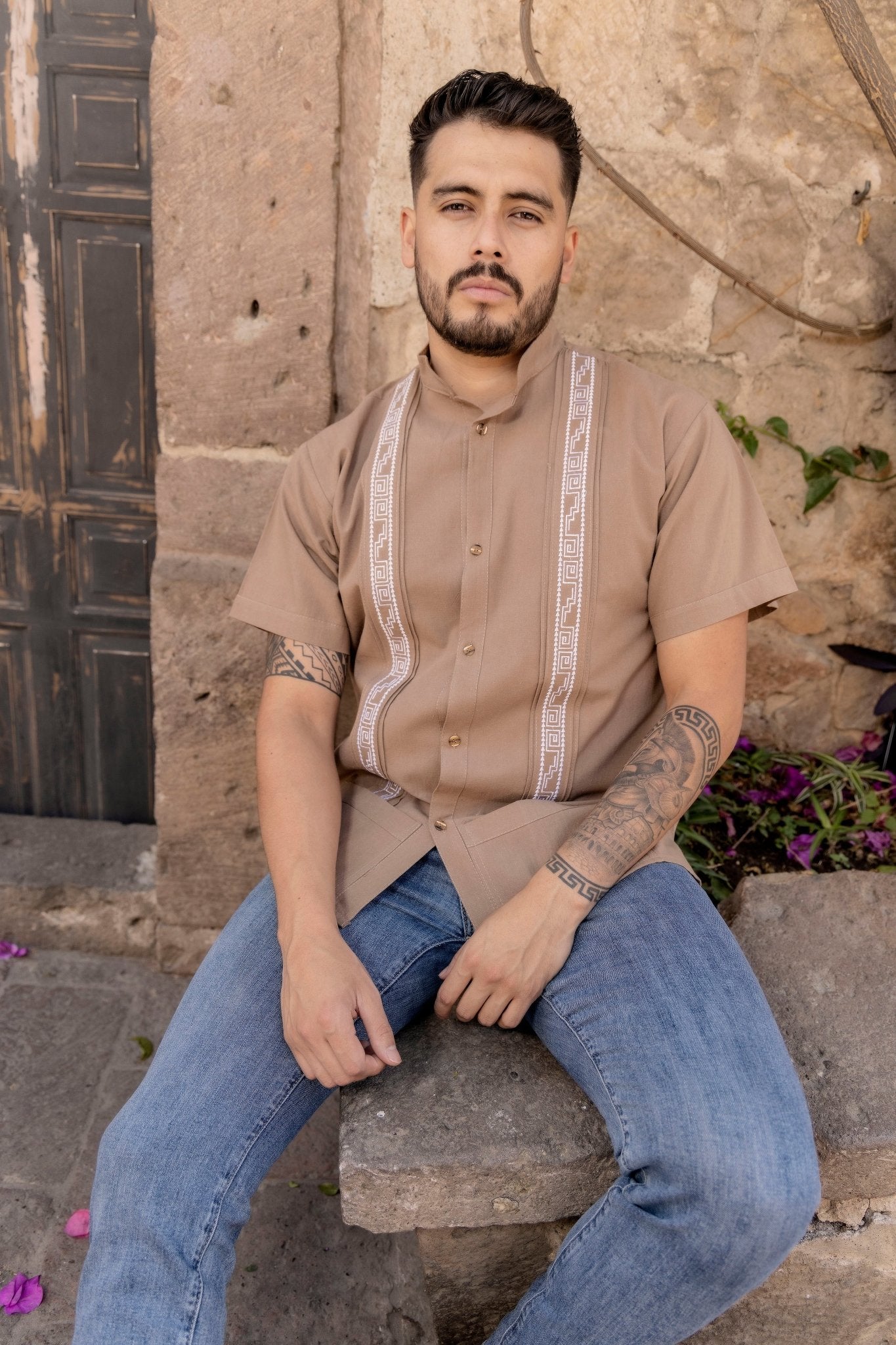 Men's Mexican Traditional Embroidered Guayabera. Guayabera Greca - Solei Store