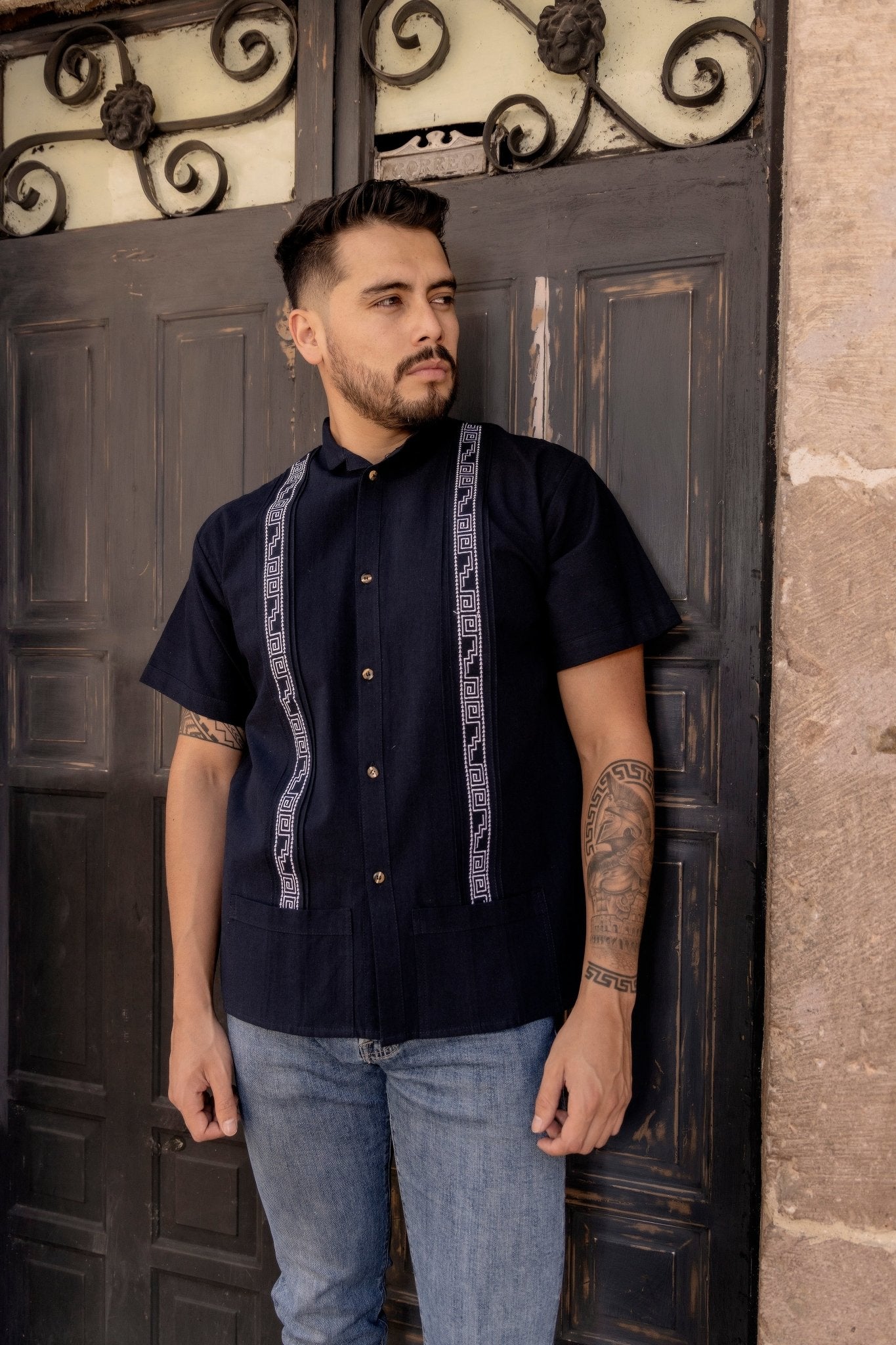 Men's Mexican Traditional Embroidered Guayabera. Guayabera Greca - Solei Store
