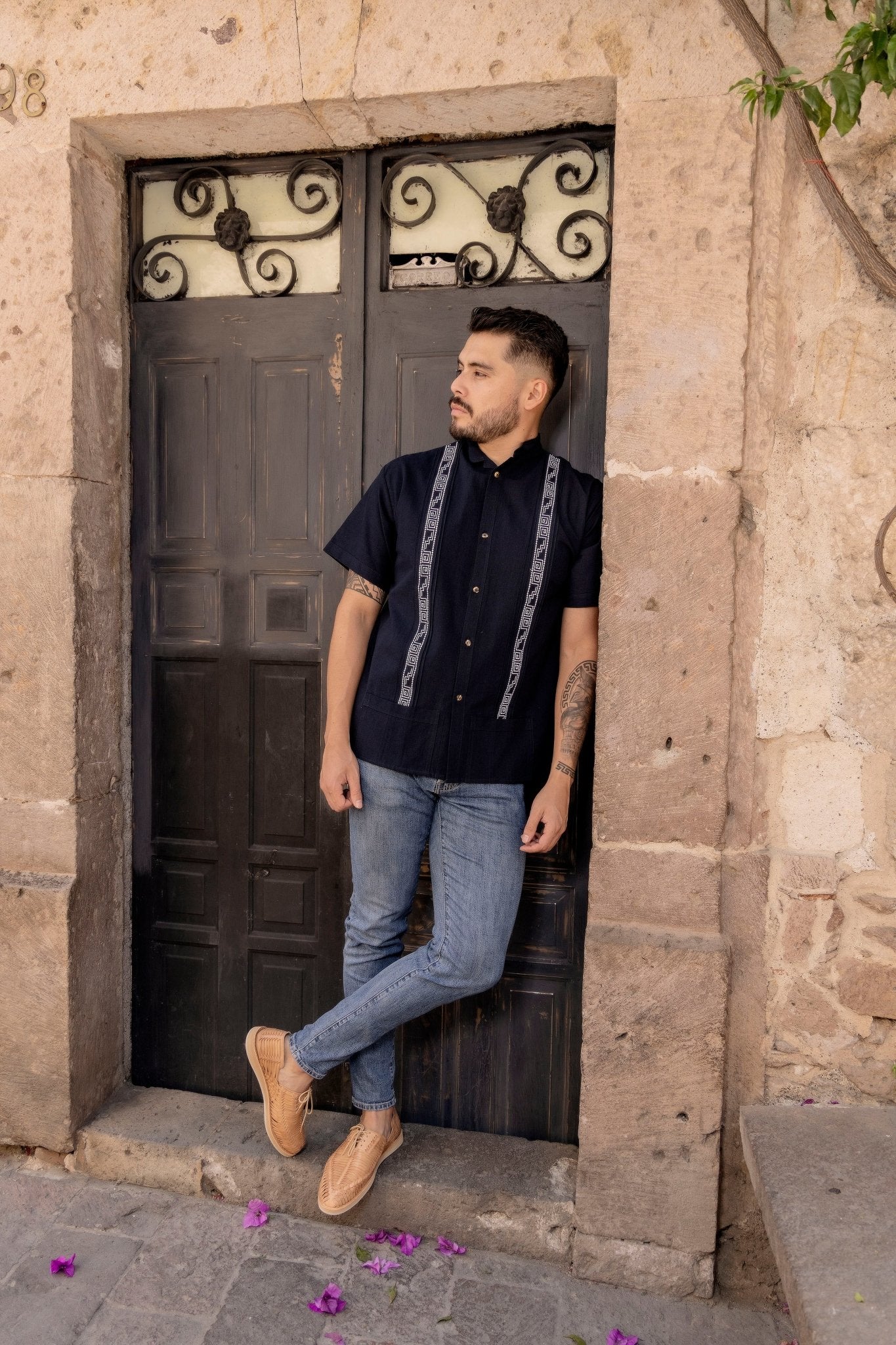 Men's Mexican Traditional Embroidered Guayabera. Guayabera Greca - Solei Store