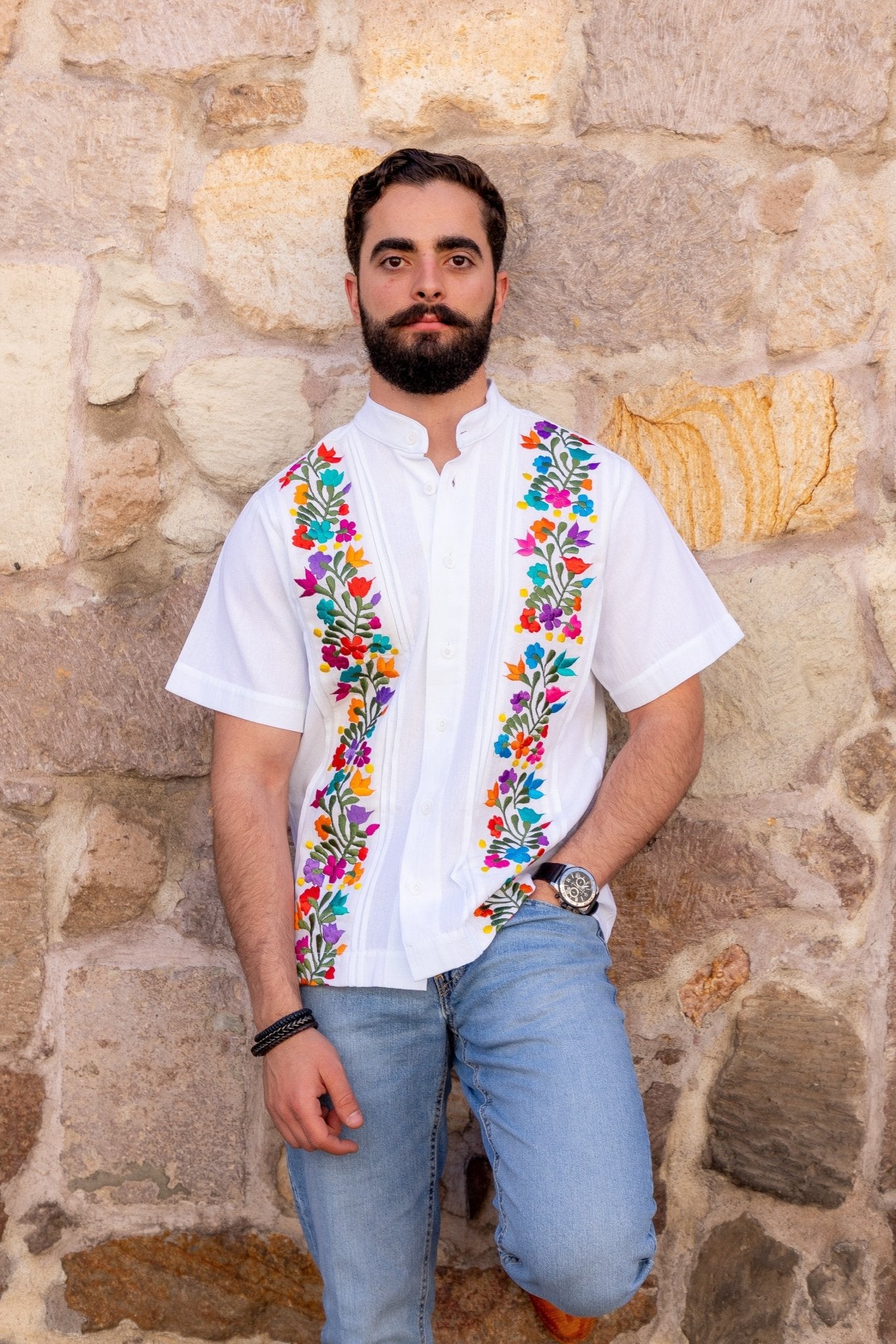Men's Mexican Traditional Floral Embroidered Guayabera. Guayabera Cancun - Solei Store