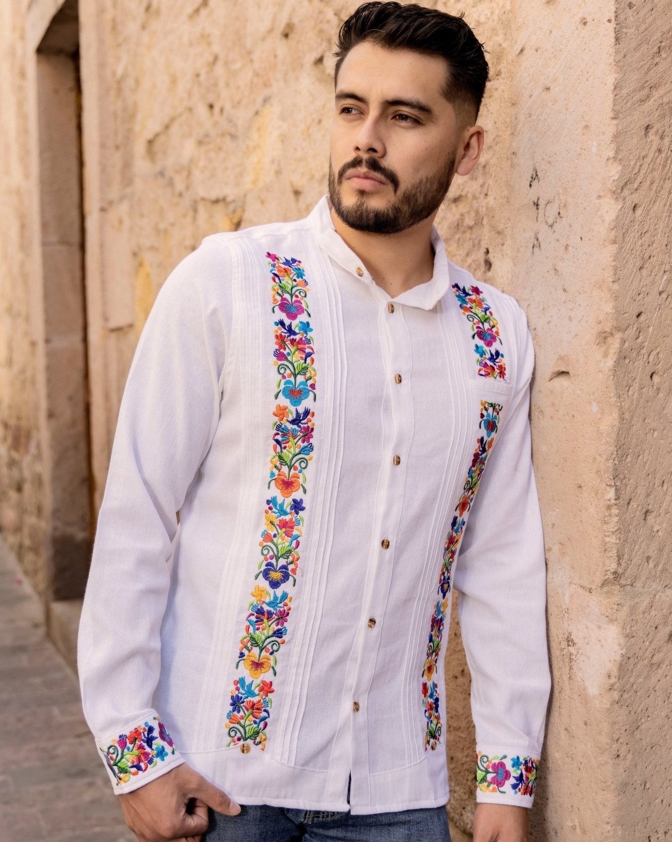 Men's Mexican Traditional Floral Embroidered Guayabera. Guayabera Morelia - Solei Store