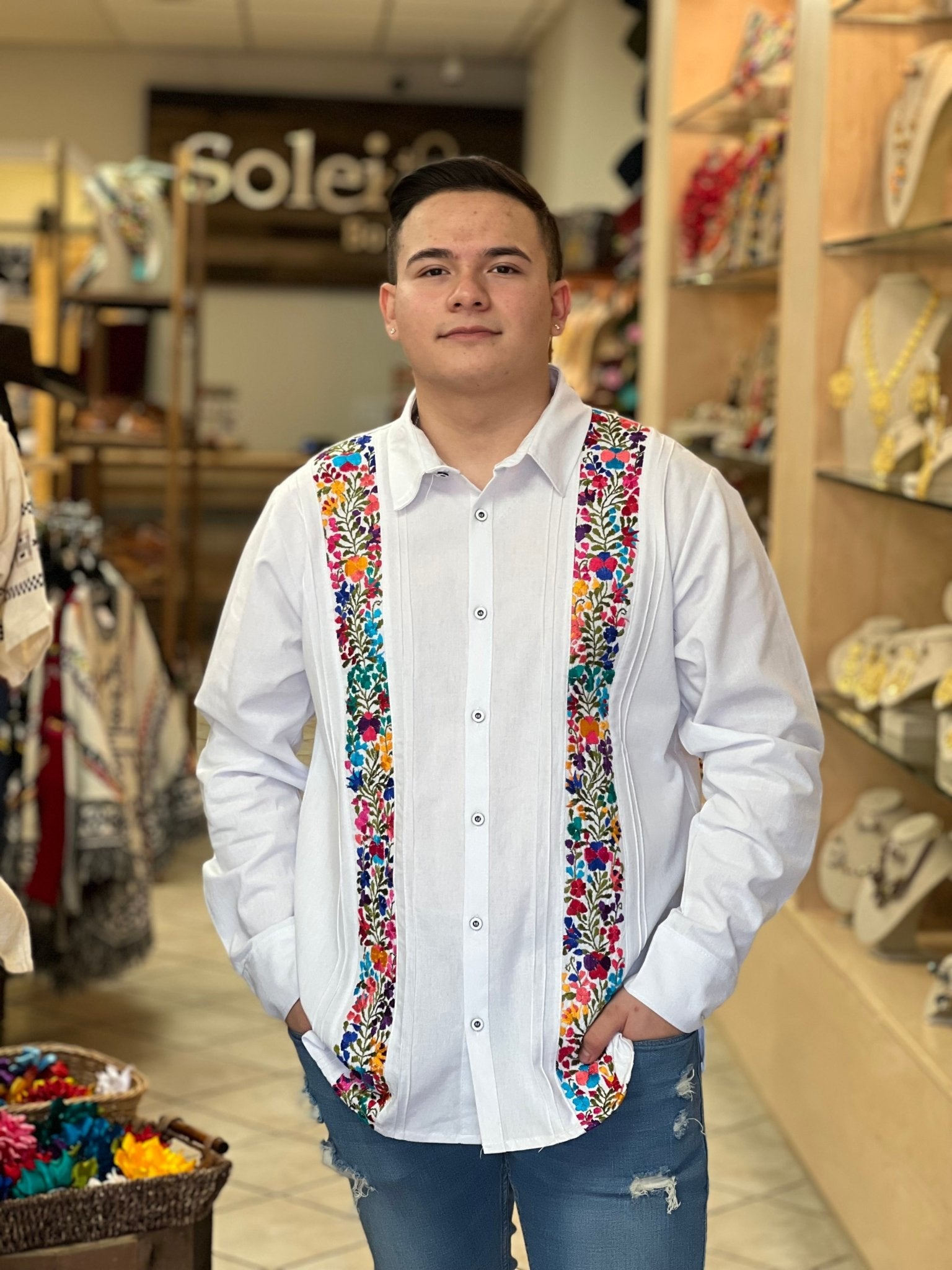 Men's Mexican Traditional Floral Embroidered Guayabera. Guayabera San Antonino Doble. - Solei Store