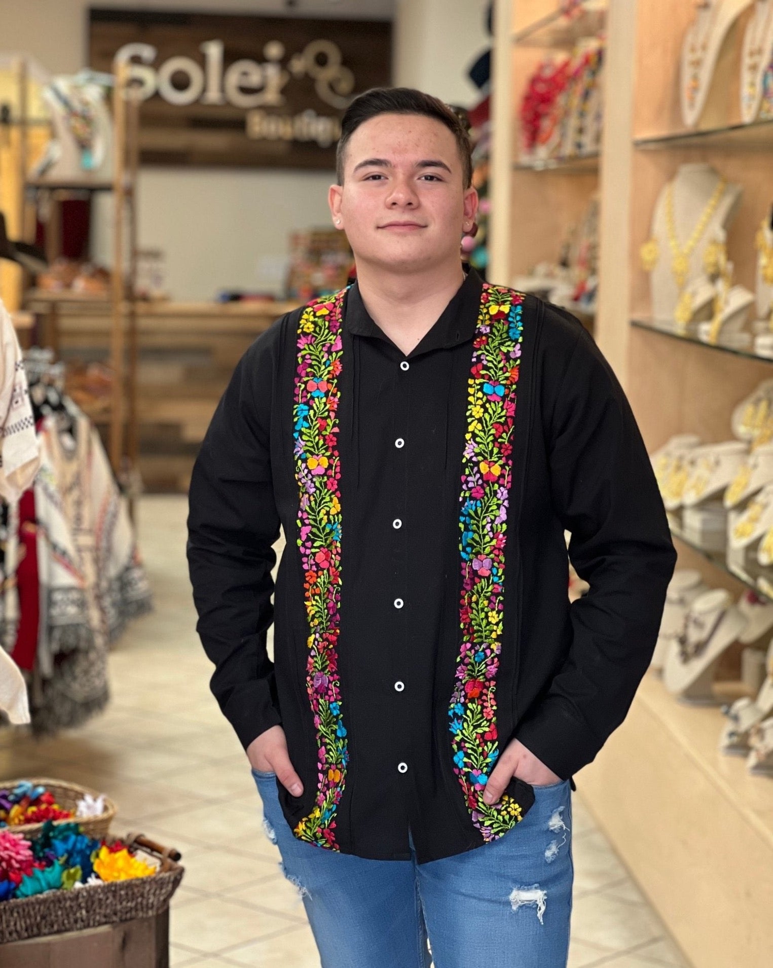 Men's Mexican Traditional Floral Embroidered Guayabera. Guayabera San Antonino Doble. - Solei Store
