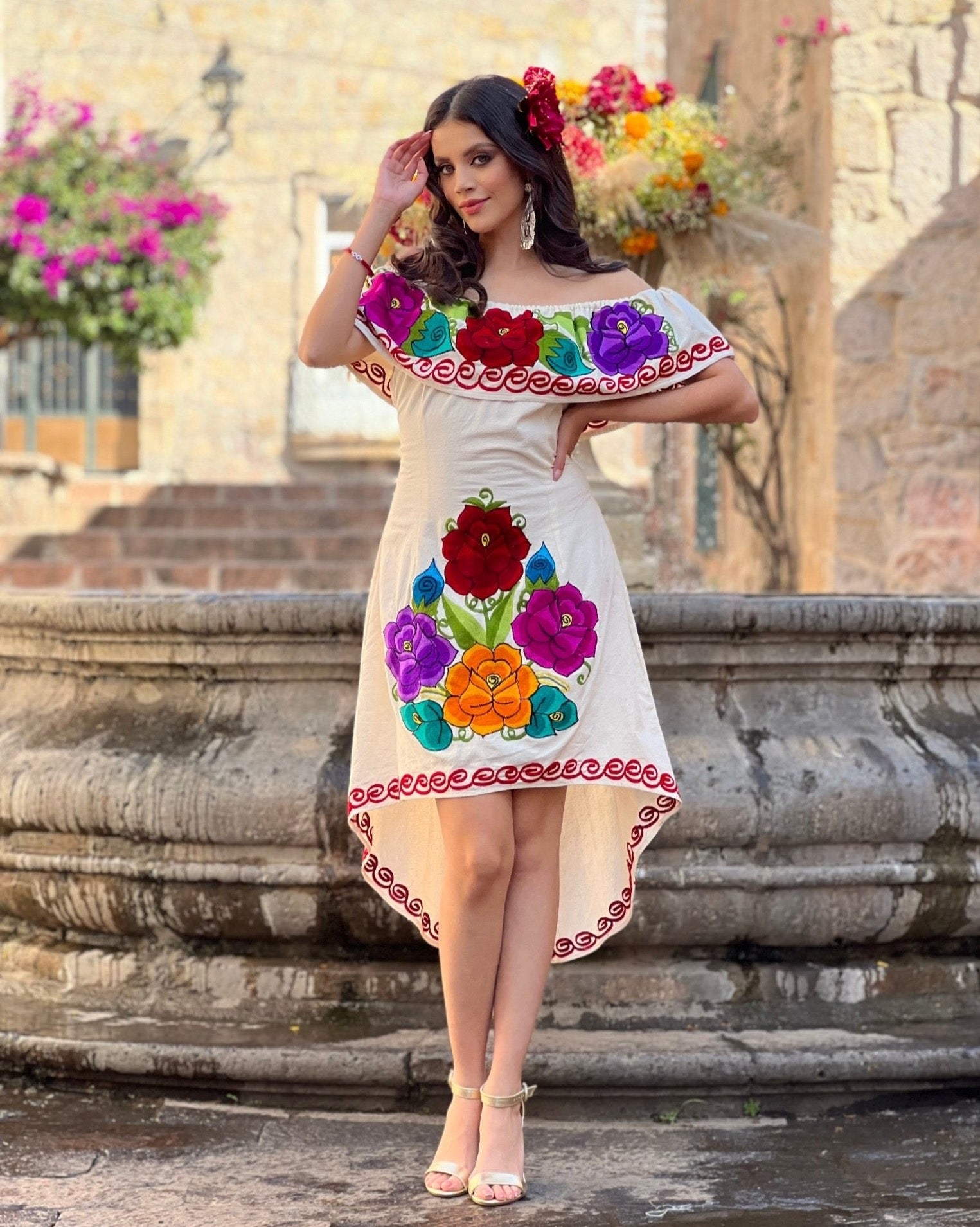 Mexican Artisanal Asymmetrical Dress. Vestido Rosaura Floral - Solei Store