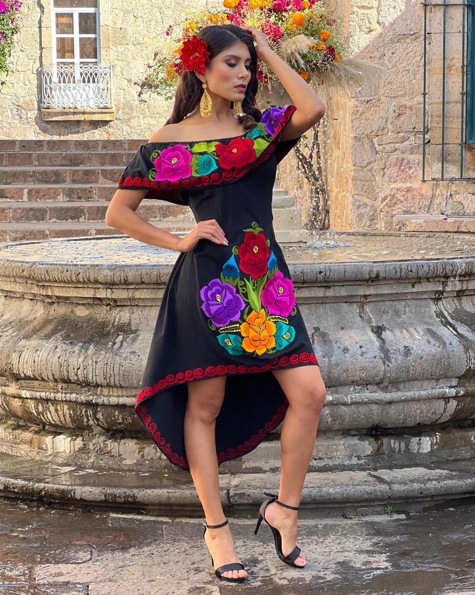 Mexican Artisanal Asymmetrical Dress. Vestido Rosaura Floral - Solei Store