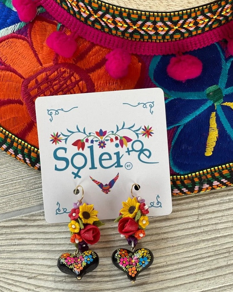 Mexican Artisanal Cold Porcelain Clay Handmade Sunflower Earrings. Arete Pintado Girasol - Solei Store