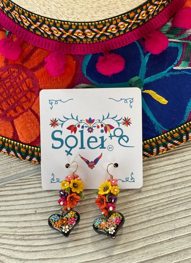 Mexican Artisanal Cold Porcelain Clay Handmade Sunflower Earrings. Arete Pintado Girasol - Solei Store