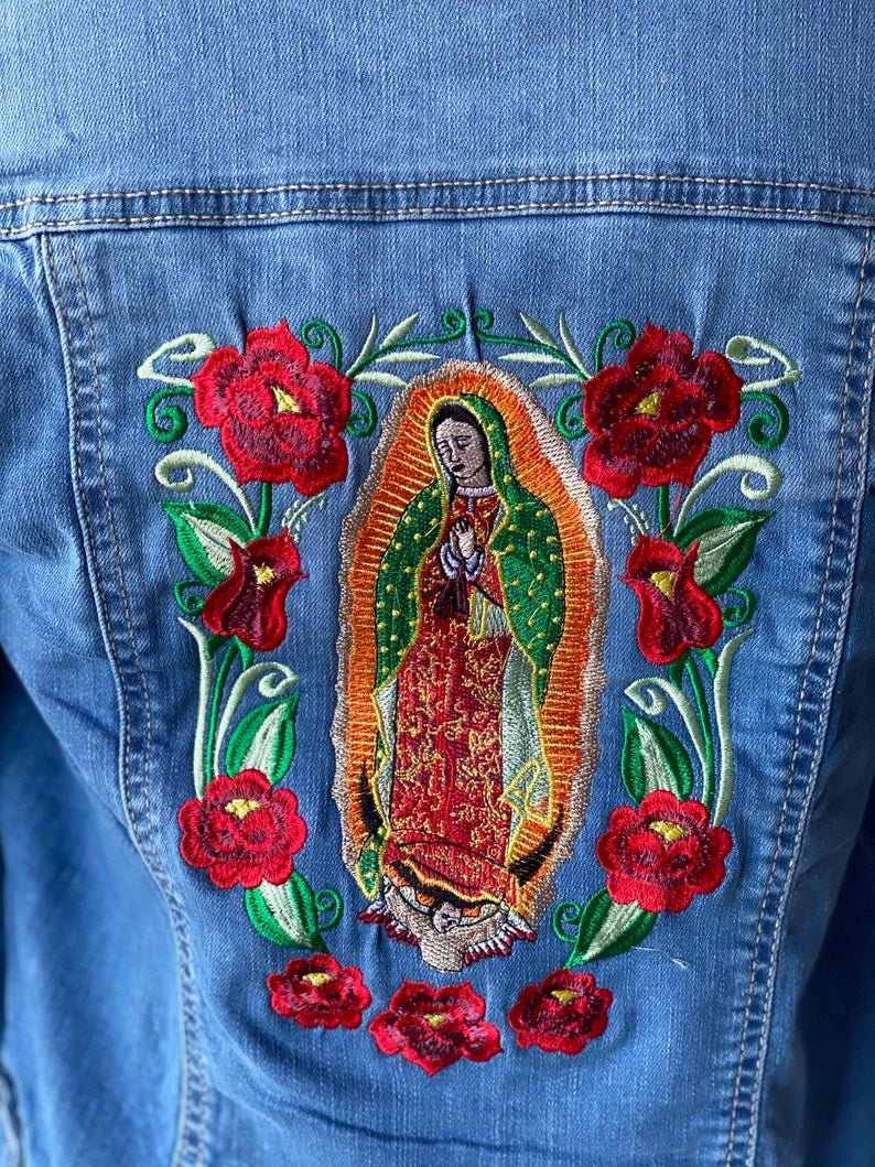 Mexican Artisanal Embroidered Frida Kahlo Jean Jacket. Chamarra Viva la Vida. - Solei Store