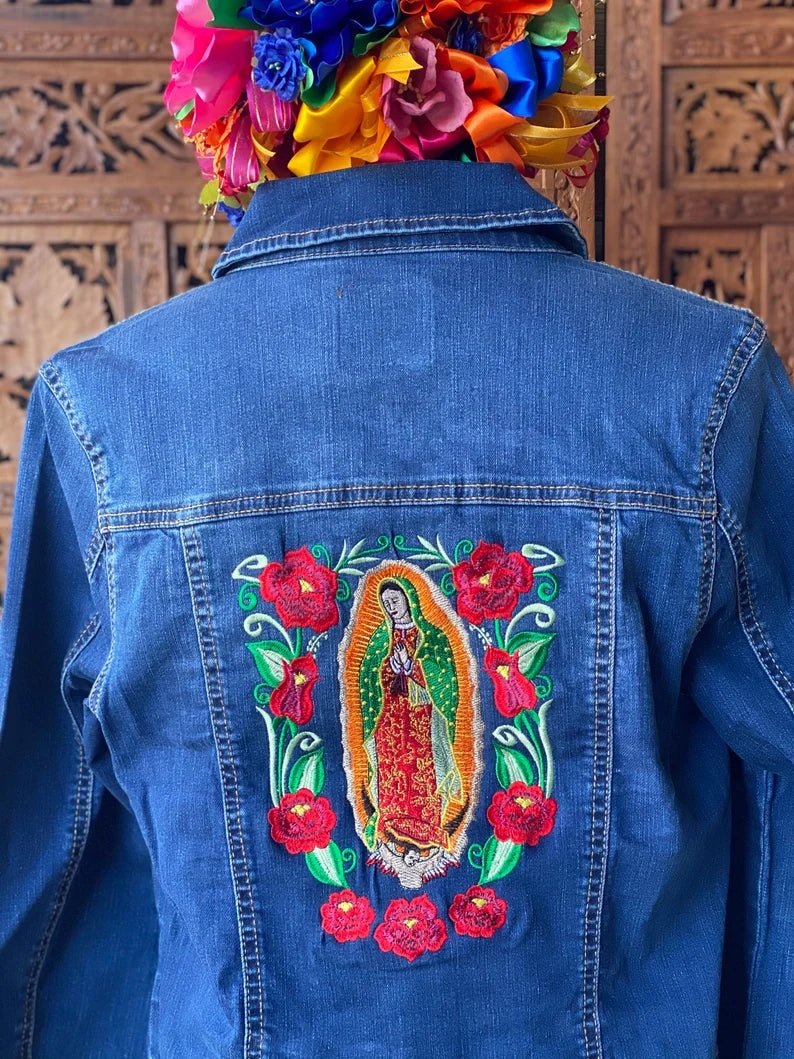 Mexican Artisanal Embroidered Frida Kahlo Jean Jacket. Chamarra Viva la Vida. - Solei Store
