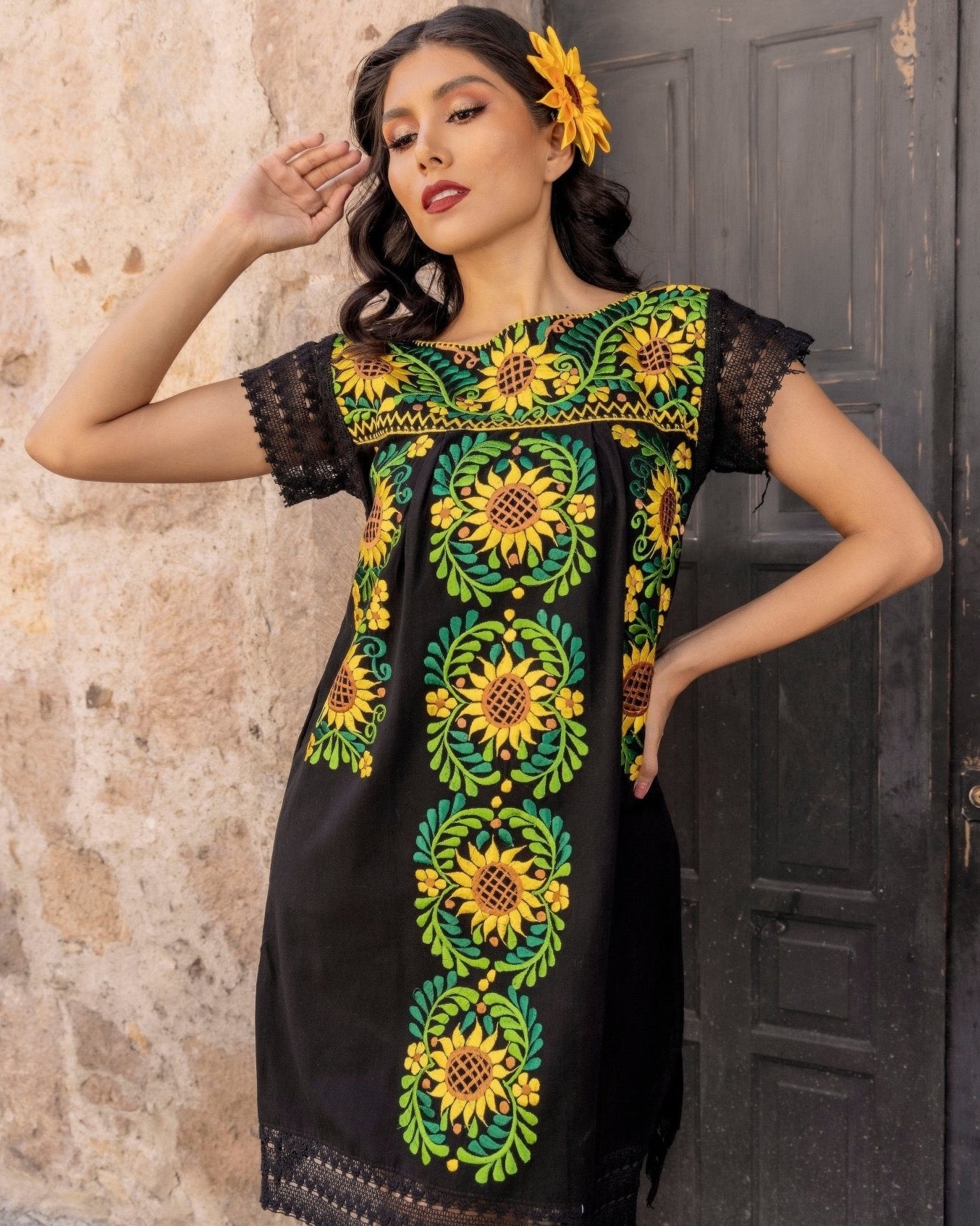 Mexican Artisanal Embroidered Sunflower Dress. Vestido Reyna Girasol - Solei Store