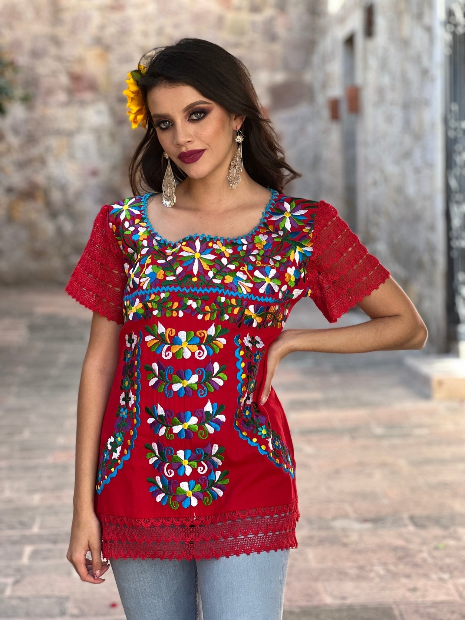 Mexican Artisanal Floral Embroidered Blouse. Blusa Otomi Floral. - Solei Store
