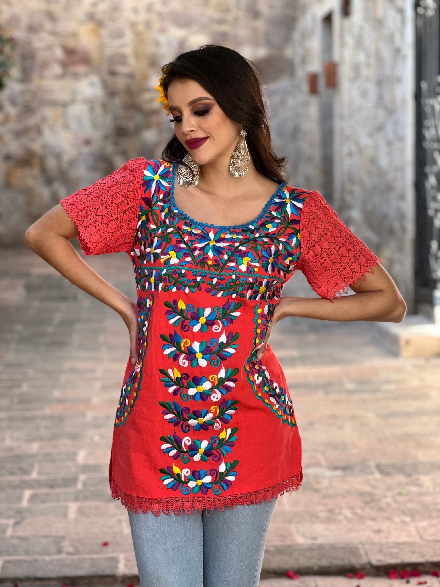 Mexican Artisanal Floral Embroidered Blouse. Blusa Otomi Floral. - Solei Store