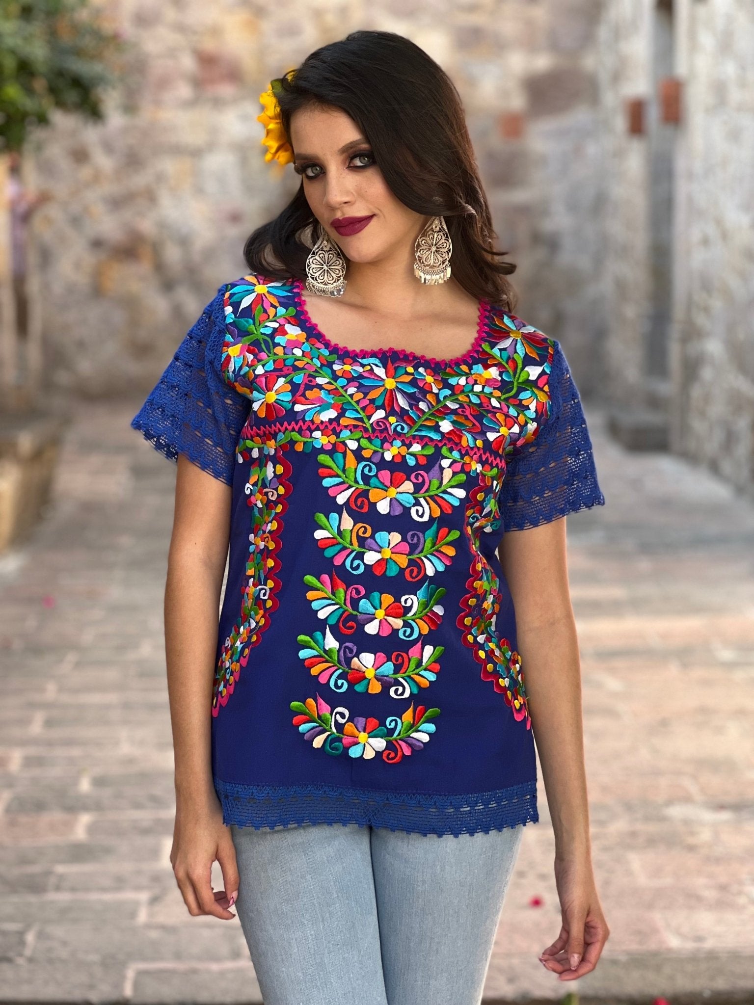 Mexican Artisanal Floral Embroidered Blouse. Blusa Otomi Floral. - Solei Store
