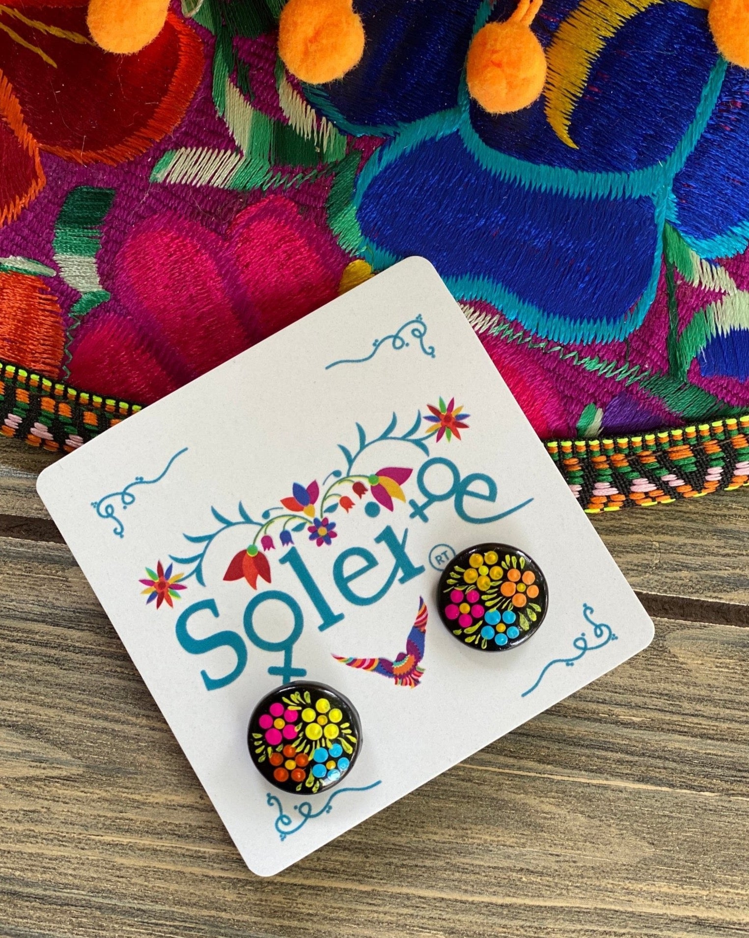 Mexican Artisanal Floral Hand Painted Round Stud Earrings. Arete Boton - Solei Store