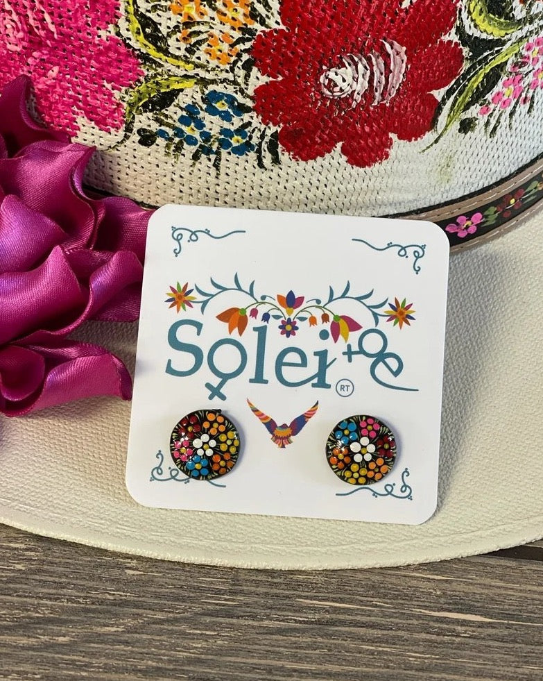 Mexican Artisanal Floral Hand Painted Round Stud Earrings. Arete Boton - Solei Store