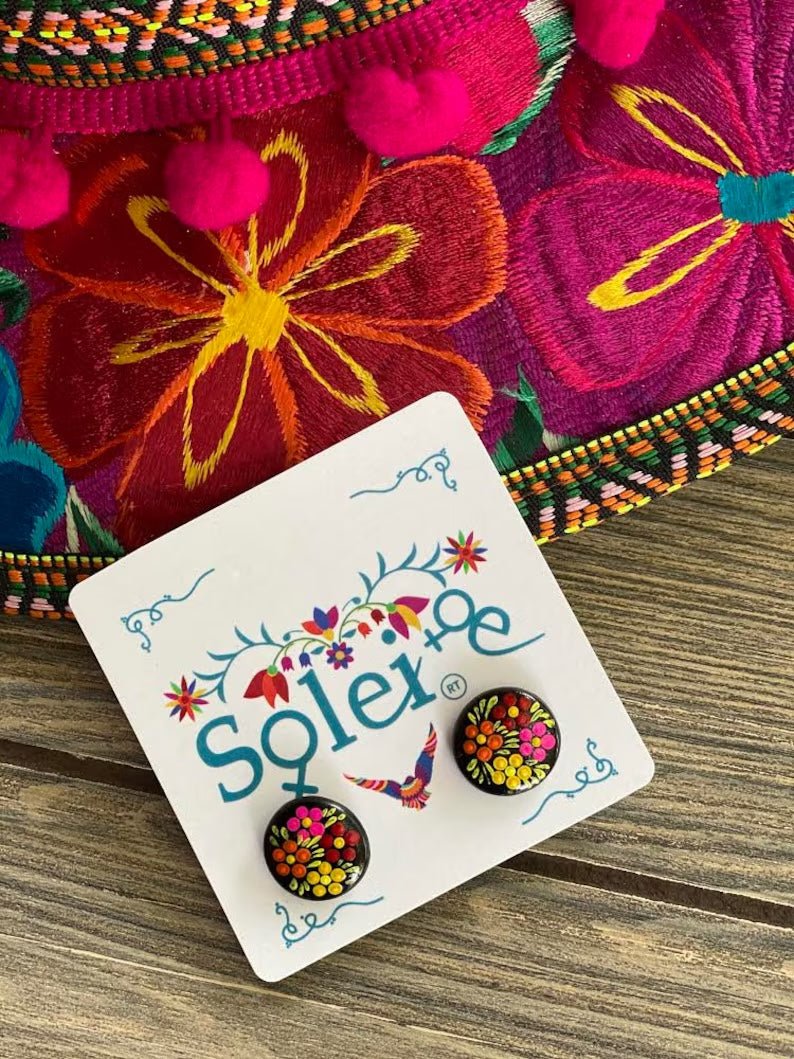 Mexican Artisanal Floral Hand Painted Stud Earrings. Aretes Boton. - Solei Store