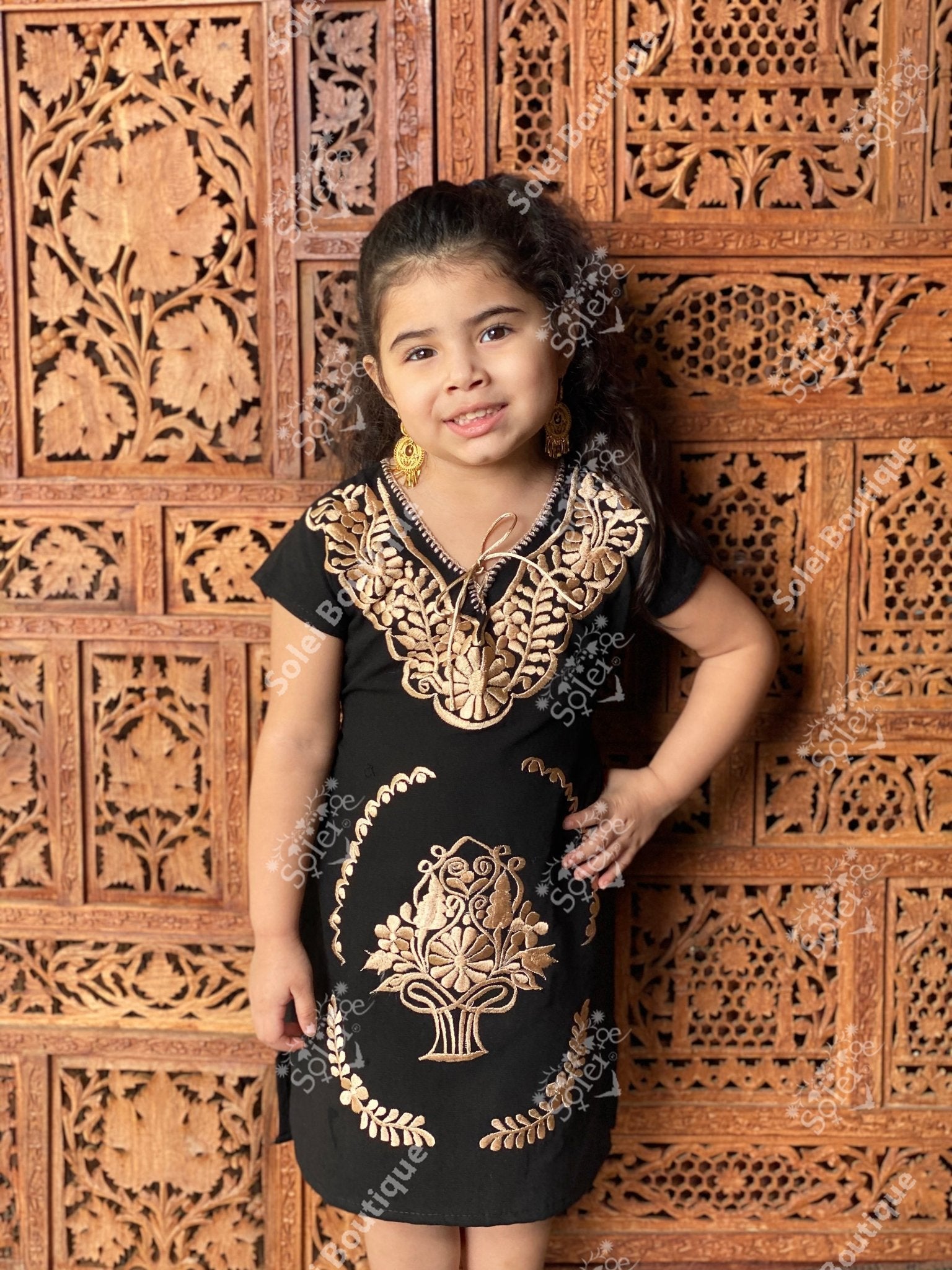 Mexican Artisanal Golden Floral Hand Embroidered Dress. Kimono Dorado Dress Niña - Solei Store
