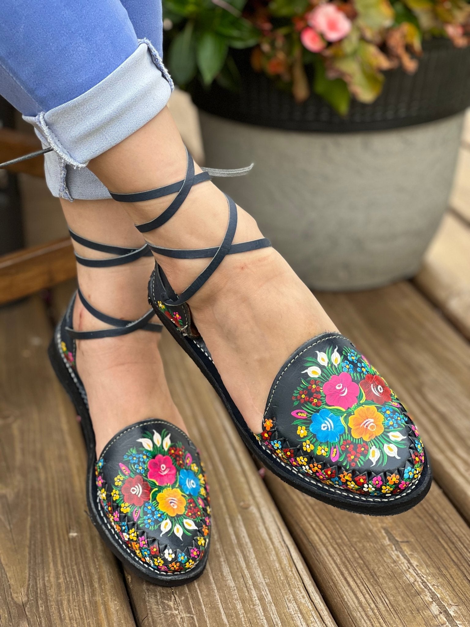 Mexican Artisanal Leather Hand Painted Shoes. Romina Sandals - Solei Store