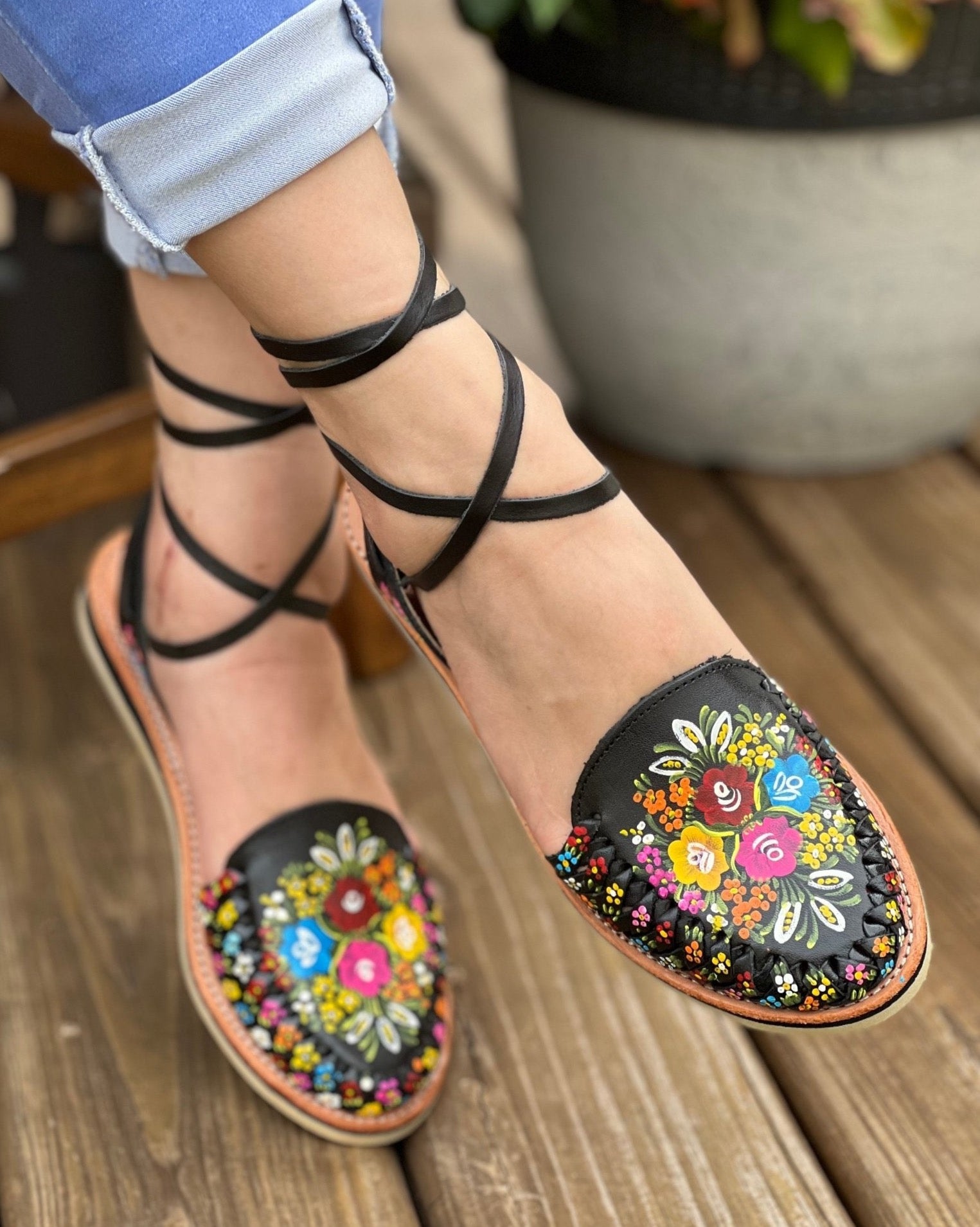 Mexican Artisanal Leather Hand Painted Shoes. Romina Sandals - Solei Store