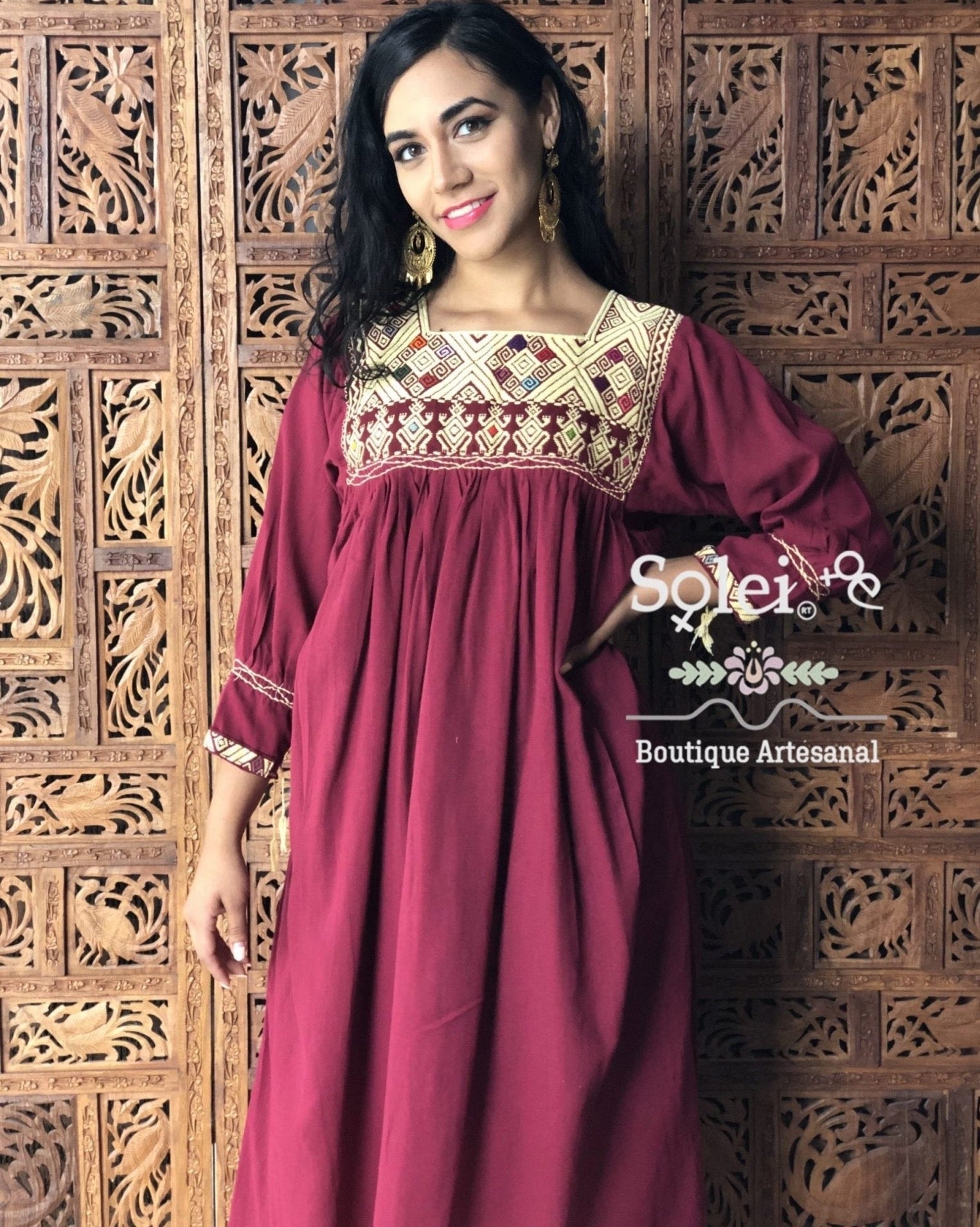 Mexican Artisanal Mid-Calf Dress. Embroidered Dress Made on a Loom. Traditional Mexican Dress. - Solei Store