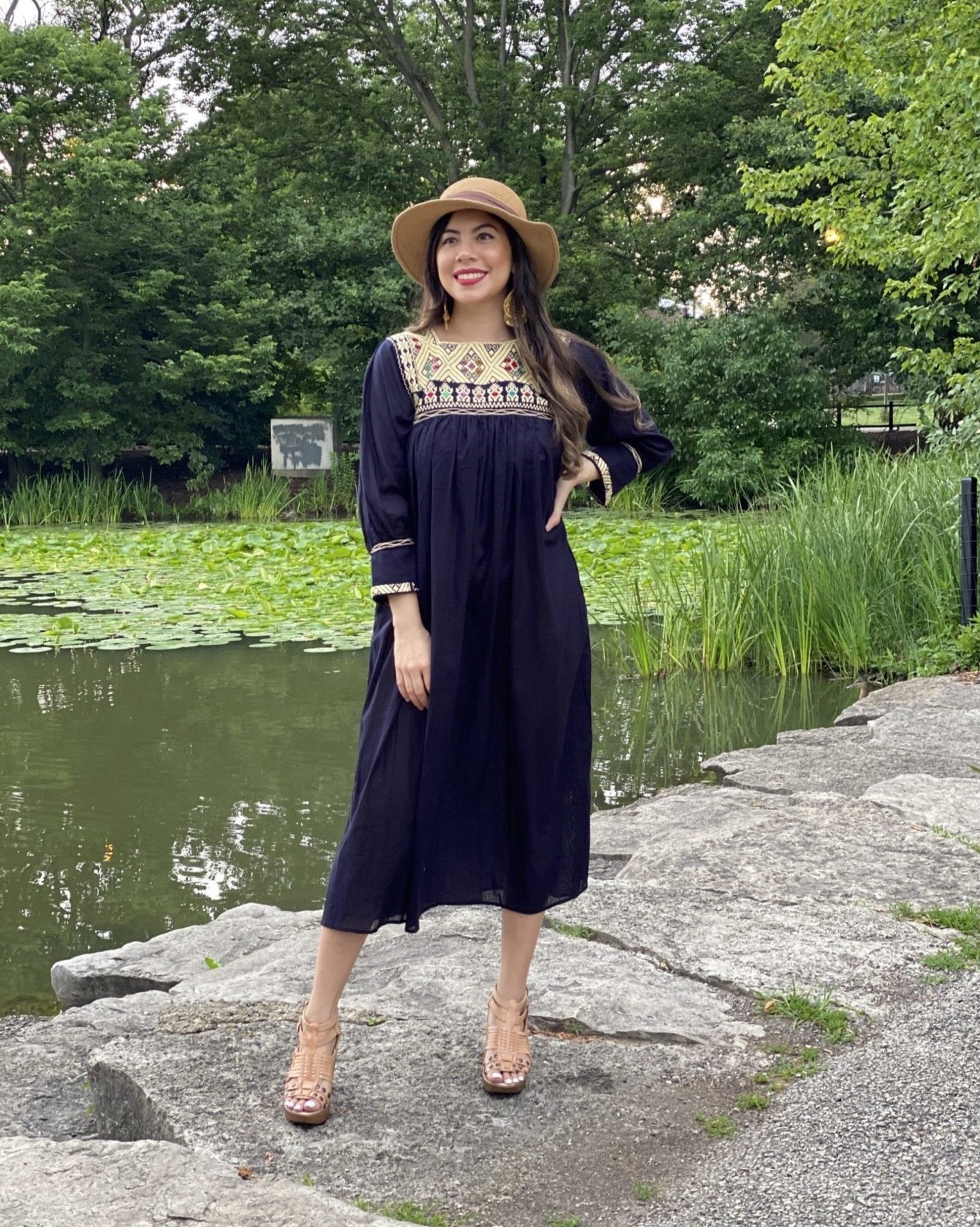 Mexican Artisanal Mid-Calf Dress. Embroidered Dress Made on a Loom. Traditional Mexican Dress. - Solei Store