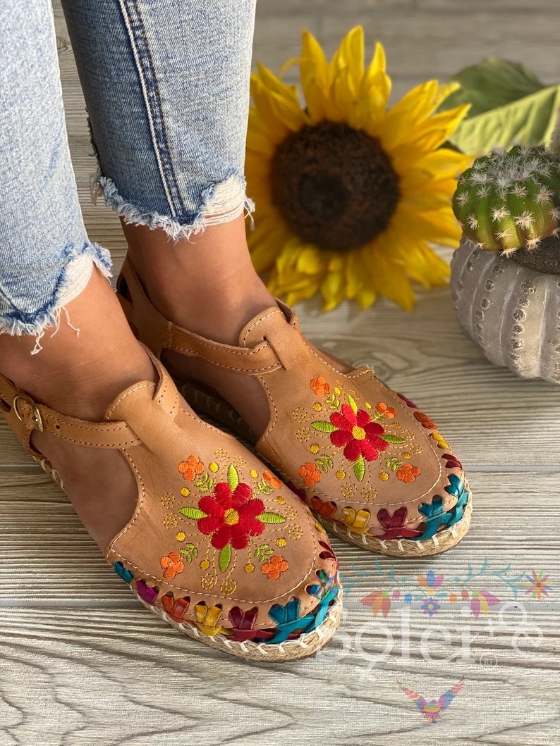 Mexican Artisanal Multicolor Leather Sandals with Buckle. Veronica Sandals - Solei Store