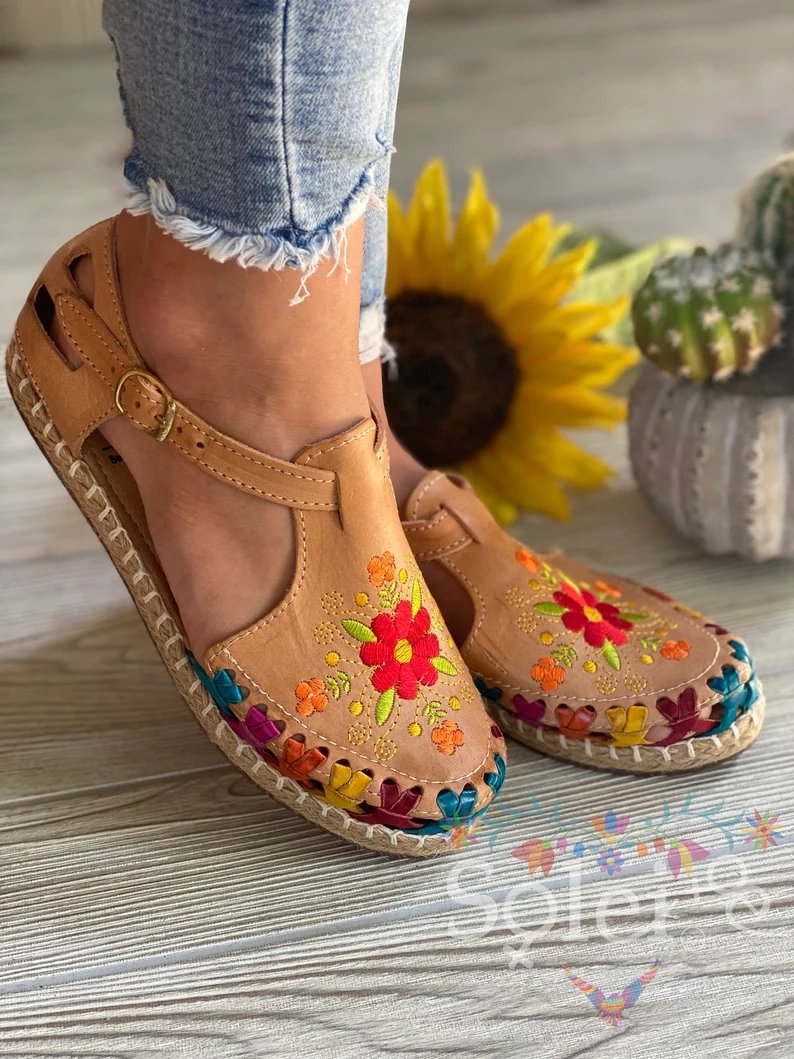 Mexican Artisanal Multicolor Leather Sandals with Buckle. Veronica Sandals - Solei Store