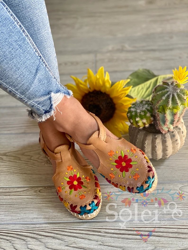 Mexican Artisanal Multicolor Leather Sandals with Buckle. Veronica Sandals - Solei Store