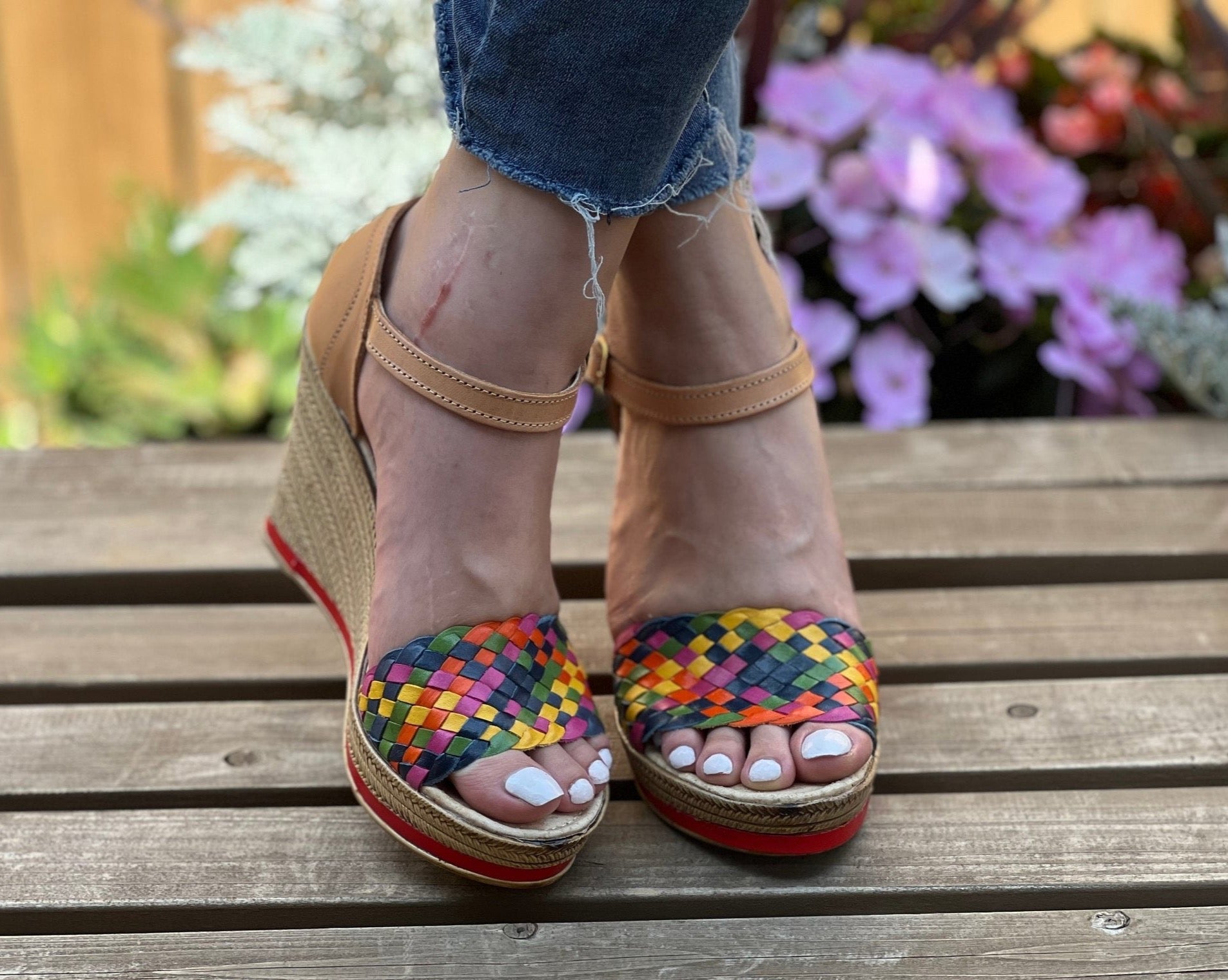 Mexican Artisanal Multicolor Wedge Heels. Soraya Navy Blue Heels - Solei Store