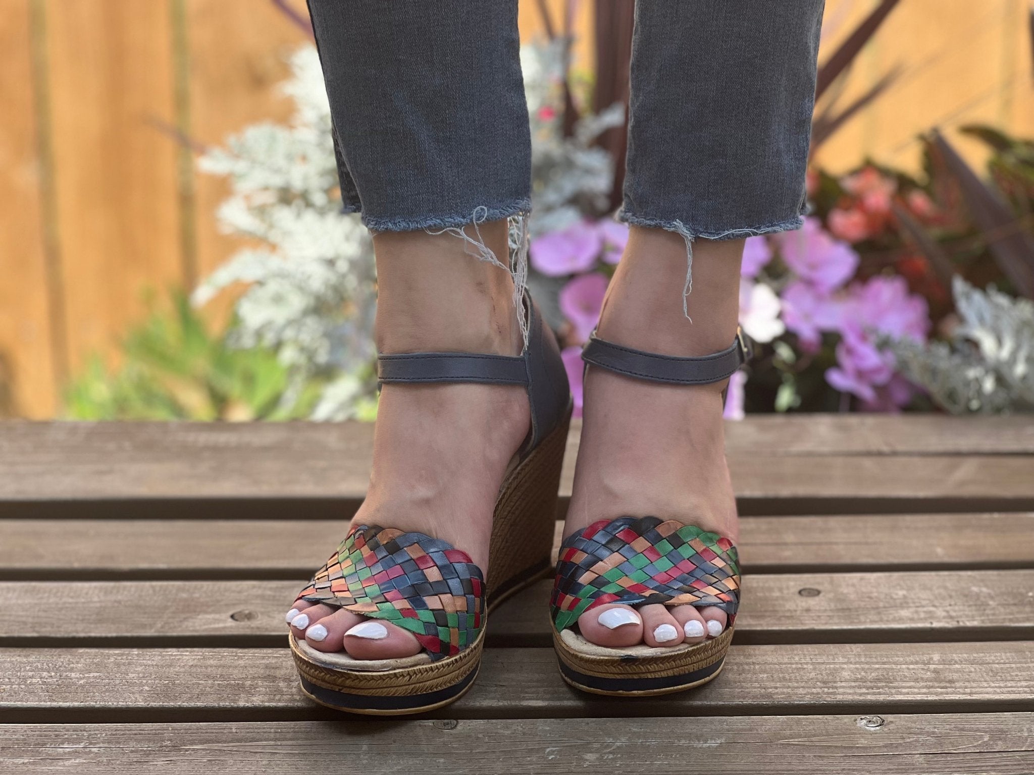 Mexican Artisanal Multicolor Wedge Heels. Soraya Navy Blue Heels - Solei Store