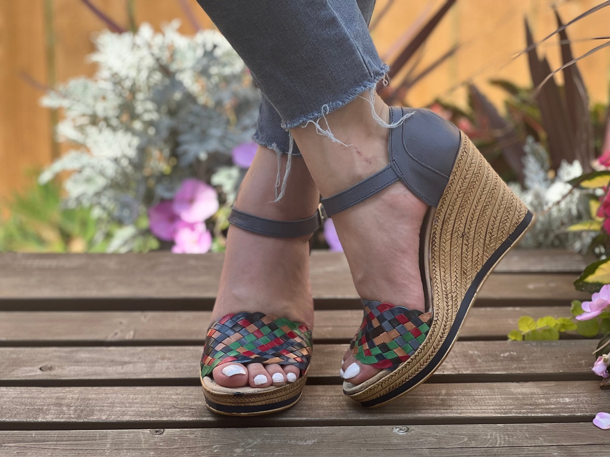 Mexican Artisanal Multicolor Wedge Heels. Soraya Navy Blue Heels - Solei Store