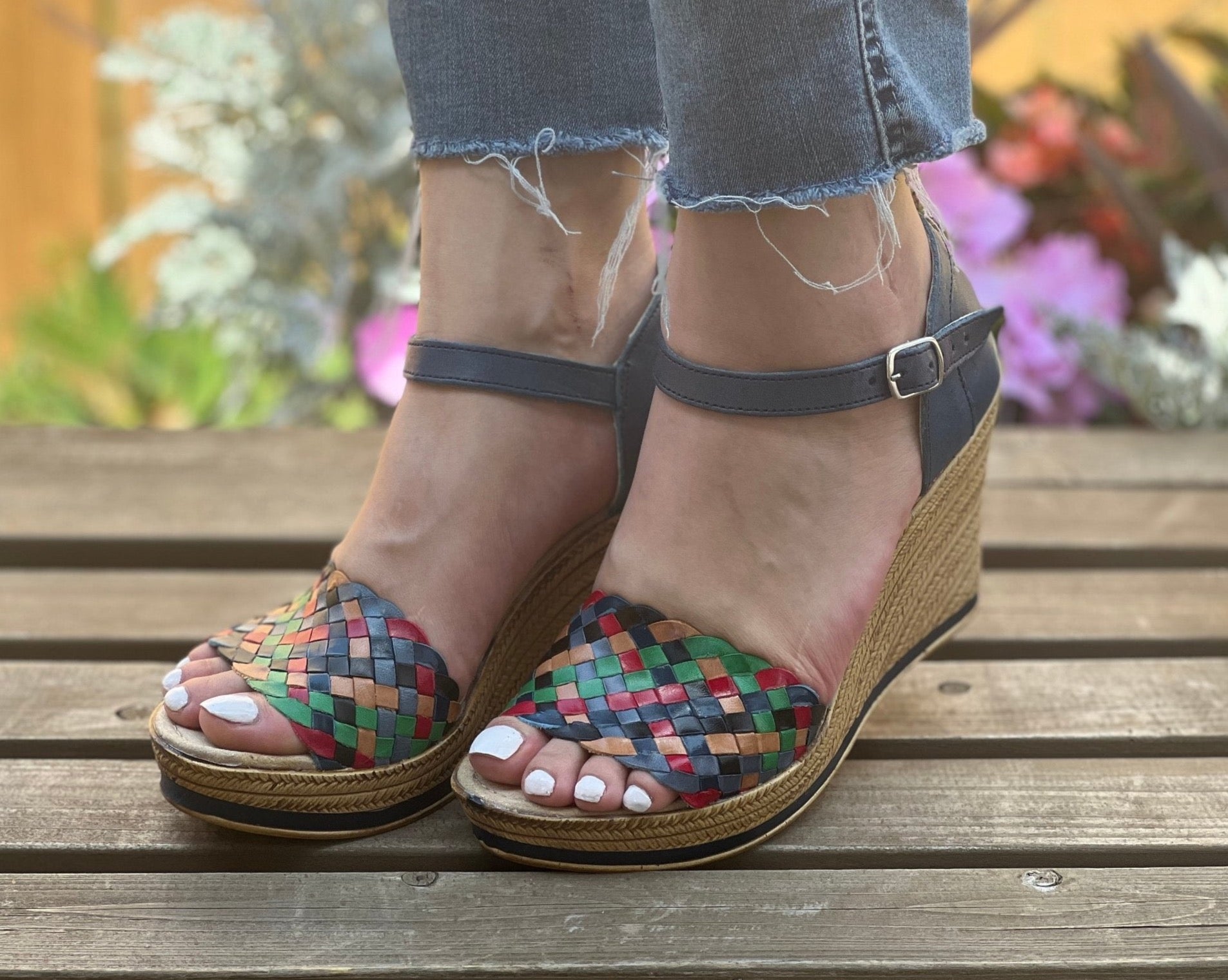 Mexican Artisanal Multicolor Wedge Heels. Soraya Navy Blue Heels - Solei Store