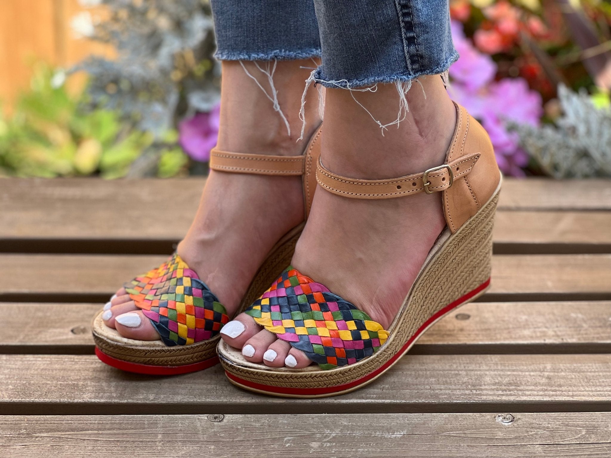 Mexican Artisanal Multicolor Wedge Heels. Soraya Navy Blue Heels - Solei Store