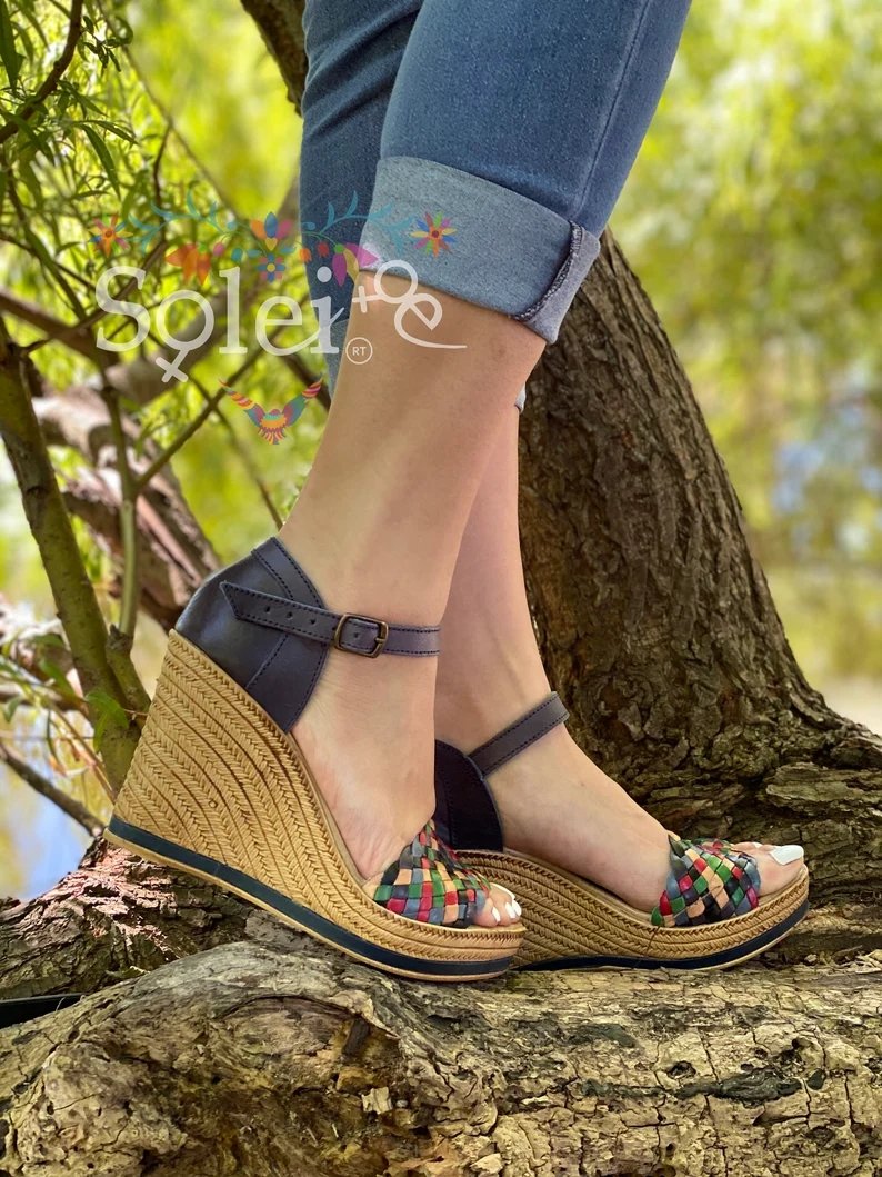 Mexican Artisanal Multicolor Wedge Heels. Soraya Navy Blue Heels - Solei Store