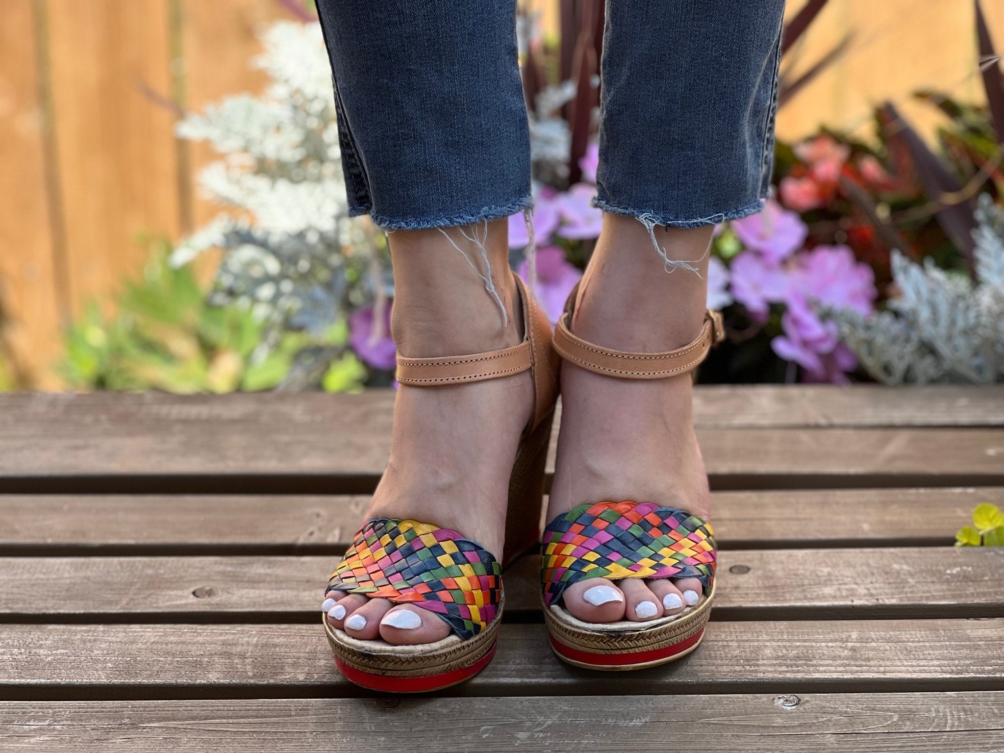 Mexican Artisanal Multicolor Wedge Heels. Soraya Navy Blue Heels - Solei Store