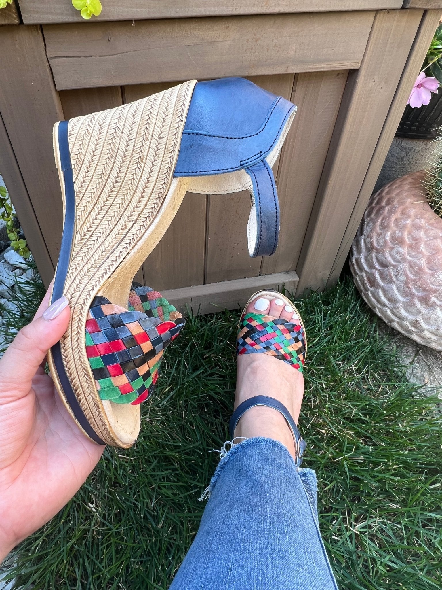 Mexican Artisanal Multicolor Wedge Heels. Soraya Navy Blue Heels - Solei Store