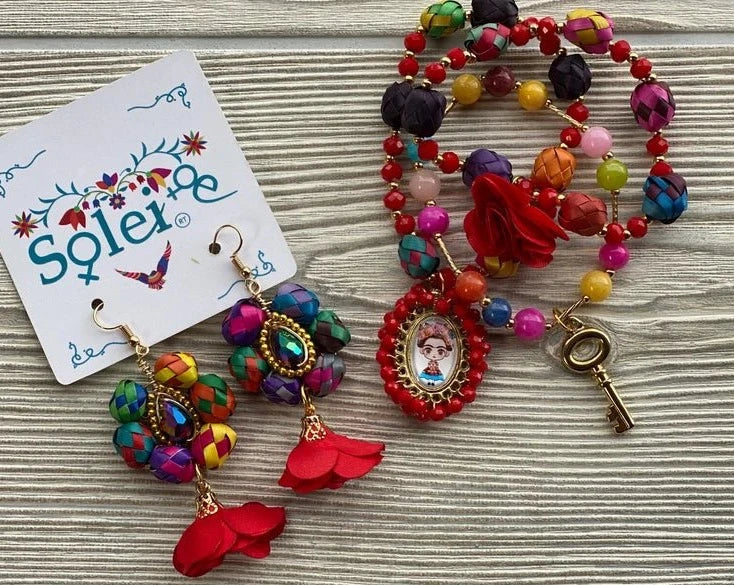 Mexican Artisanal Palm Leaf Bracelet and Earrings. Fridita Bracelet & Earrings Set - Solei Store