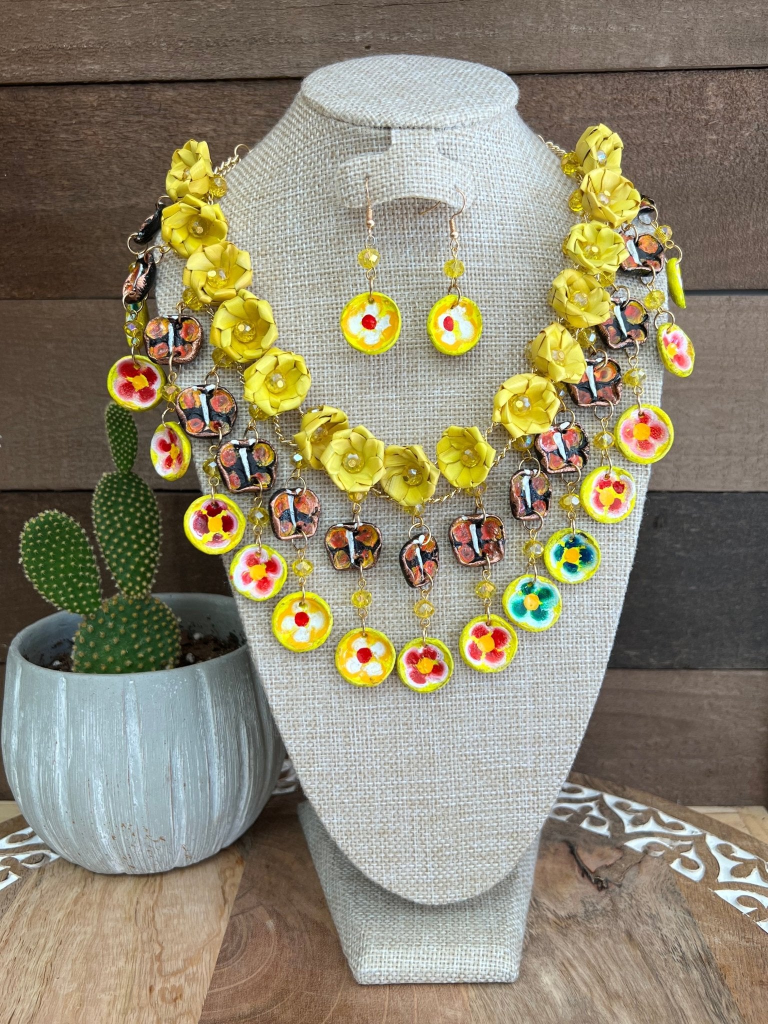Mexican Artisanal Palm Leaf Necklace & Earrings Jewelry Set. Set Palma Leticia - Solei Store