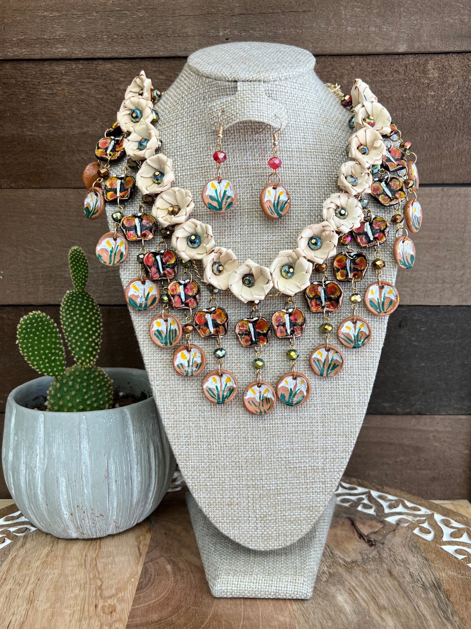 Mexican Artisanal Palm Leaf Necklace & Earrings Jewelry Set. Set Palma Leticia - Solei Store