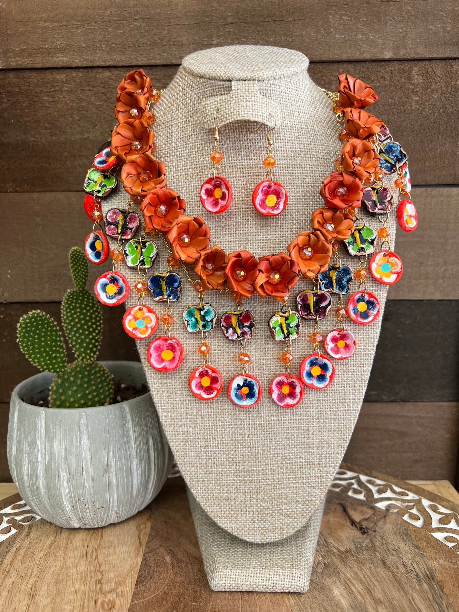 Mexican Artisanal Palm Leaf Necklace & Earrings Jewelry Set. Set Palma Leticia - Solei Store
