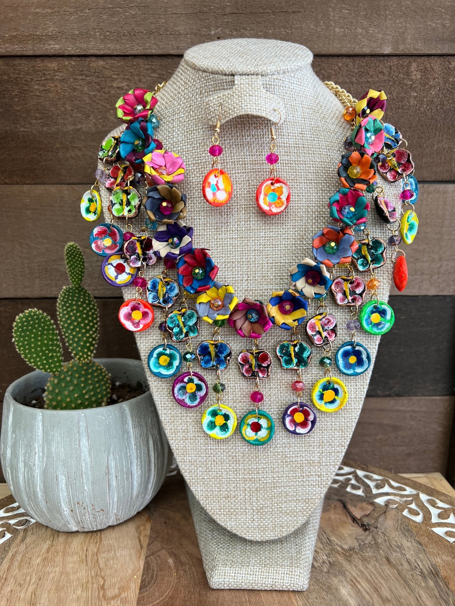 Mexican Artisanal Palm Leaf Necklace & Earrings Jewelry Set. Set Palma Leticia - Solei Store