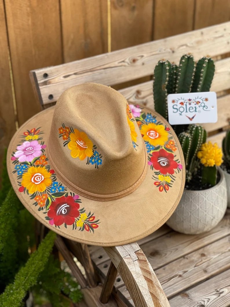 Mexican Artisanal Suede Floral Hand Painted Hat. Sombrero Pamela - Solei Store