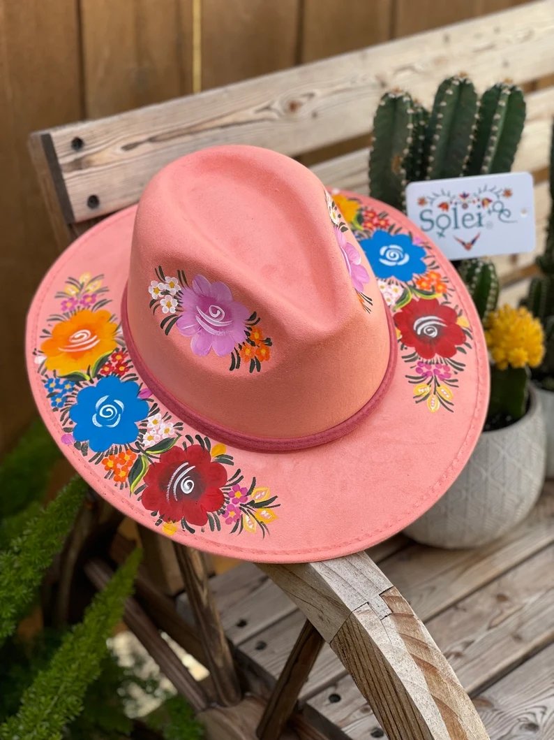 Mexican Artisanal Suede Floral Hand Painted Hat. Sombrero Pamela - Solei Store