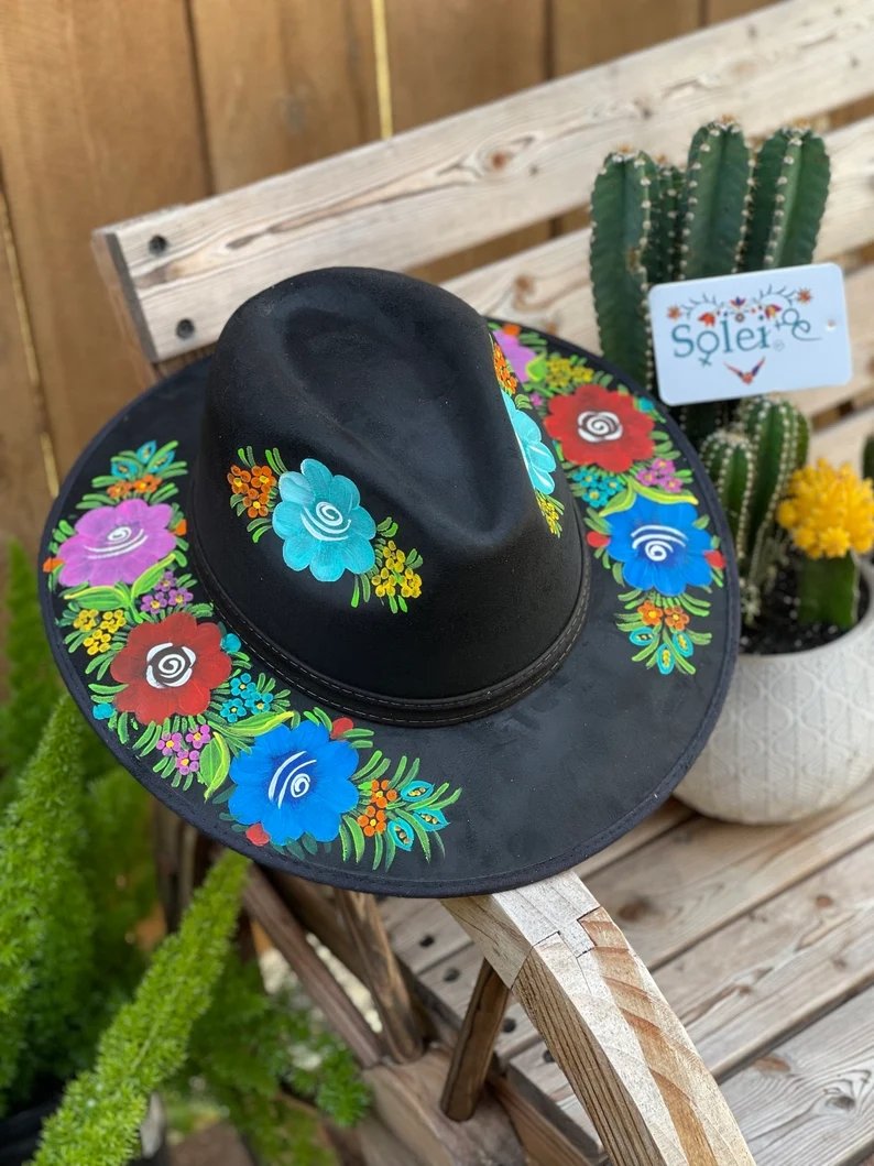Mexican Artisanal Suede Floral Hand Painted Hat. Sombrero Pamela - Solei Store